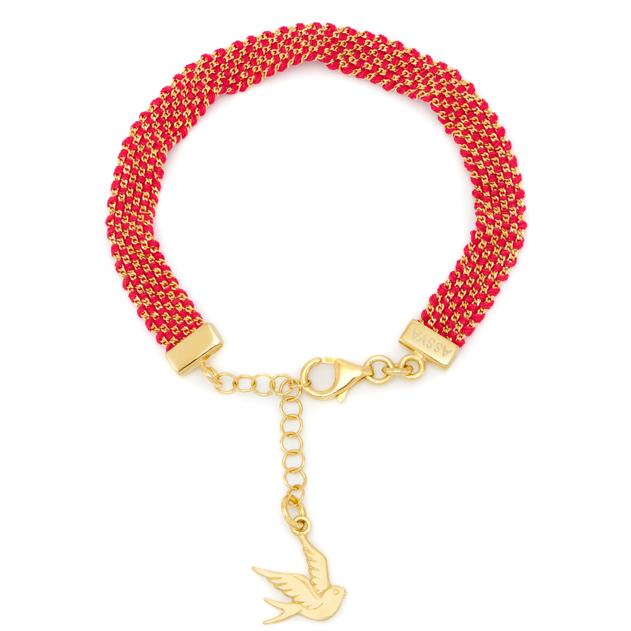 A 18ct gold plated vermeil on silver and red silk woven bracelet with a dove bird charm, with lobster clasp.