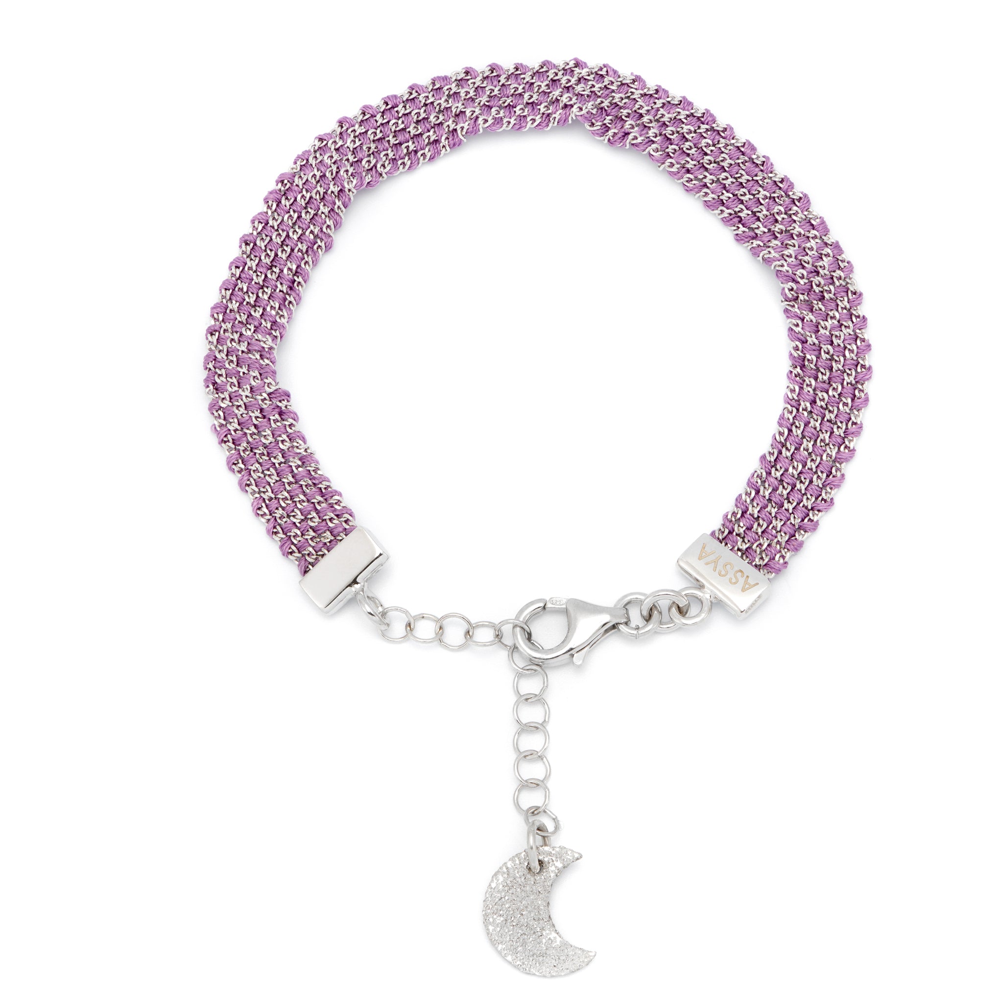 A Sterling Silver chain weaved with lilac purple coloured Silk, featuring a silver charm moon crescent a and lobster clasp
