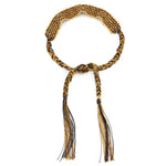 black silk thread and 18ct gold vermeil plated sterling silver with tassel bracelet, tie closure.