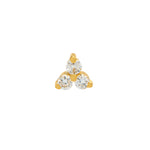 A solid gold stud earring with three white diamonds set in a butterfly fastening.