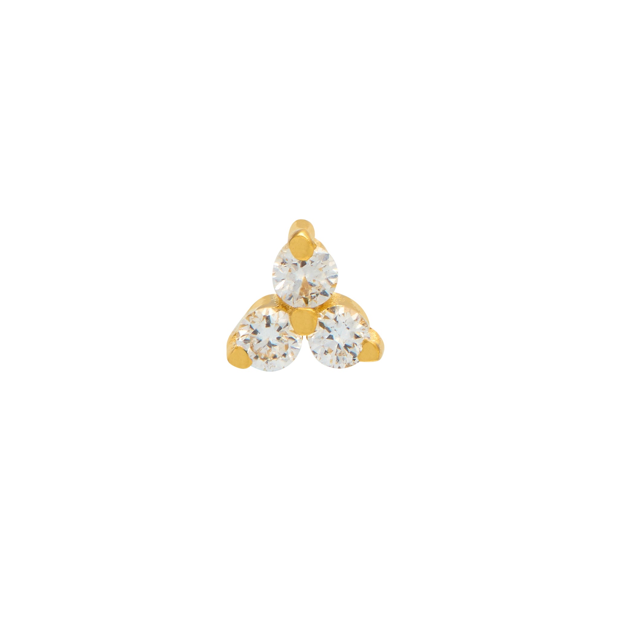 A solid gold stud earring with three white diamonds set in a butterfly fastening.