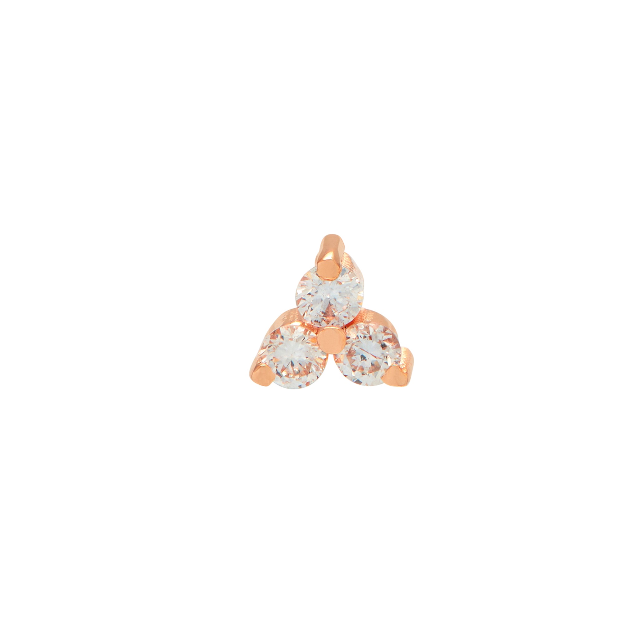 A solid rose gold stud earring with three white diamonds set in it, designed for use in the ear.