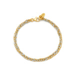 A gold and grey friendship bracelet with a lobster clasp closure. 18ct gold plated vermeil with light grey silk threads woven.