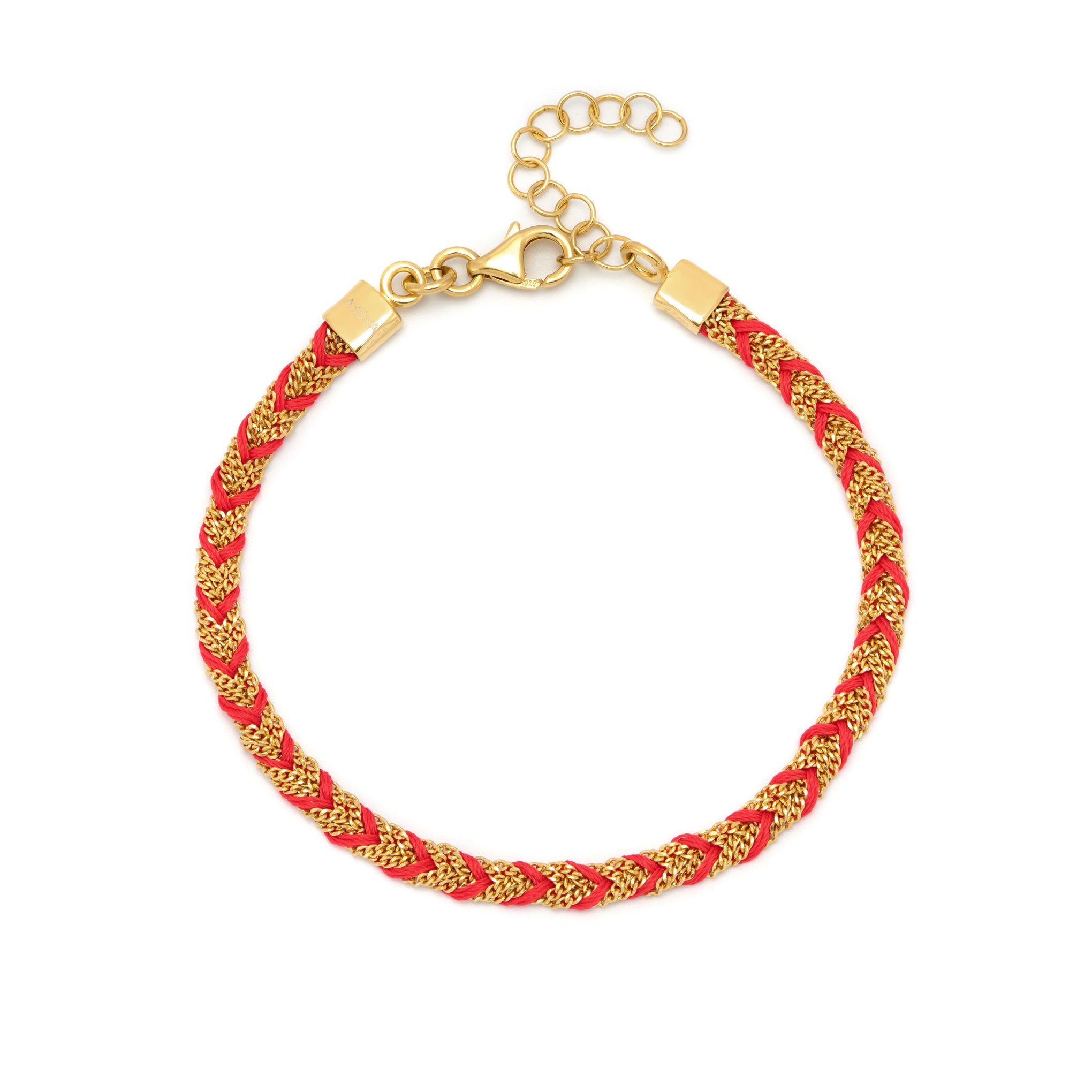 18ct gold plated vermeil on sterling silver braided bracelet with red silk thread and lobster clasp.