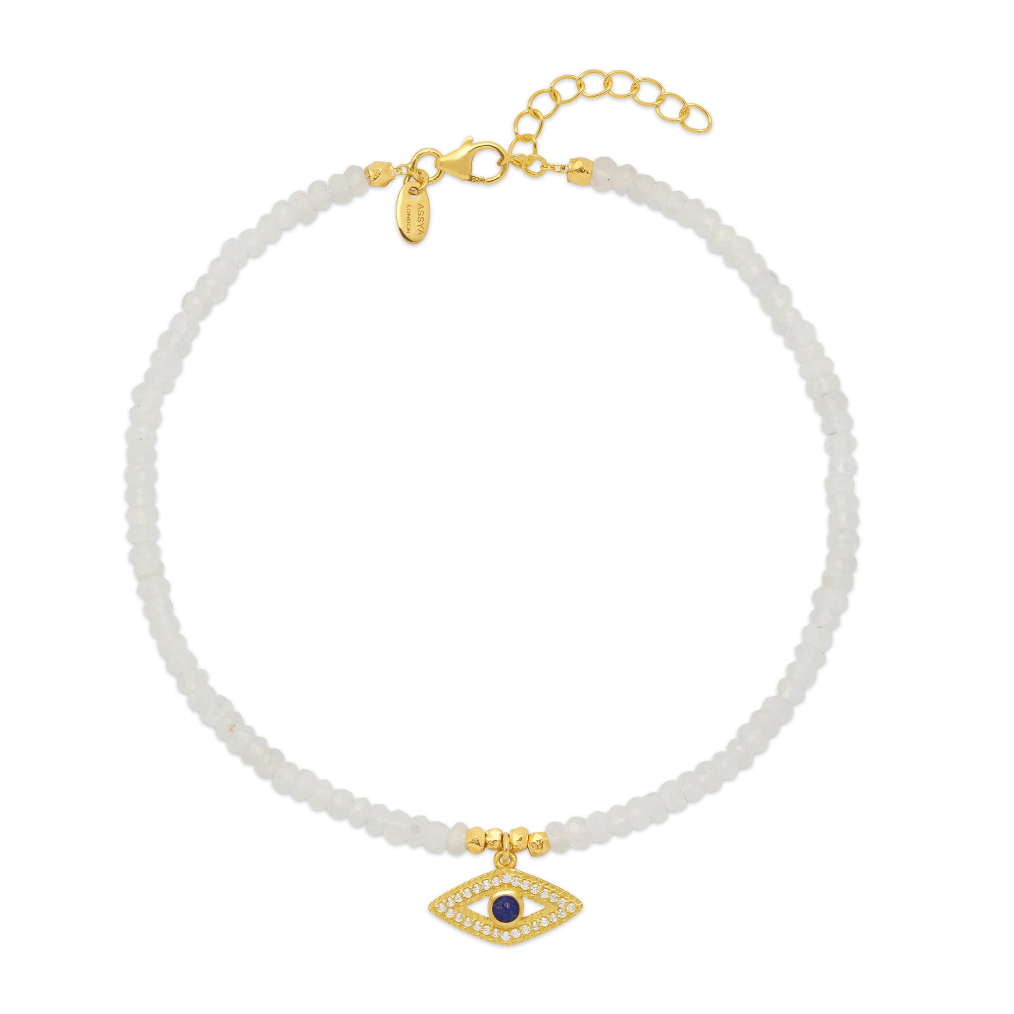 18ct gold plated vermeil on silver with white zircon and moonstone with evil eye charm.