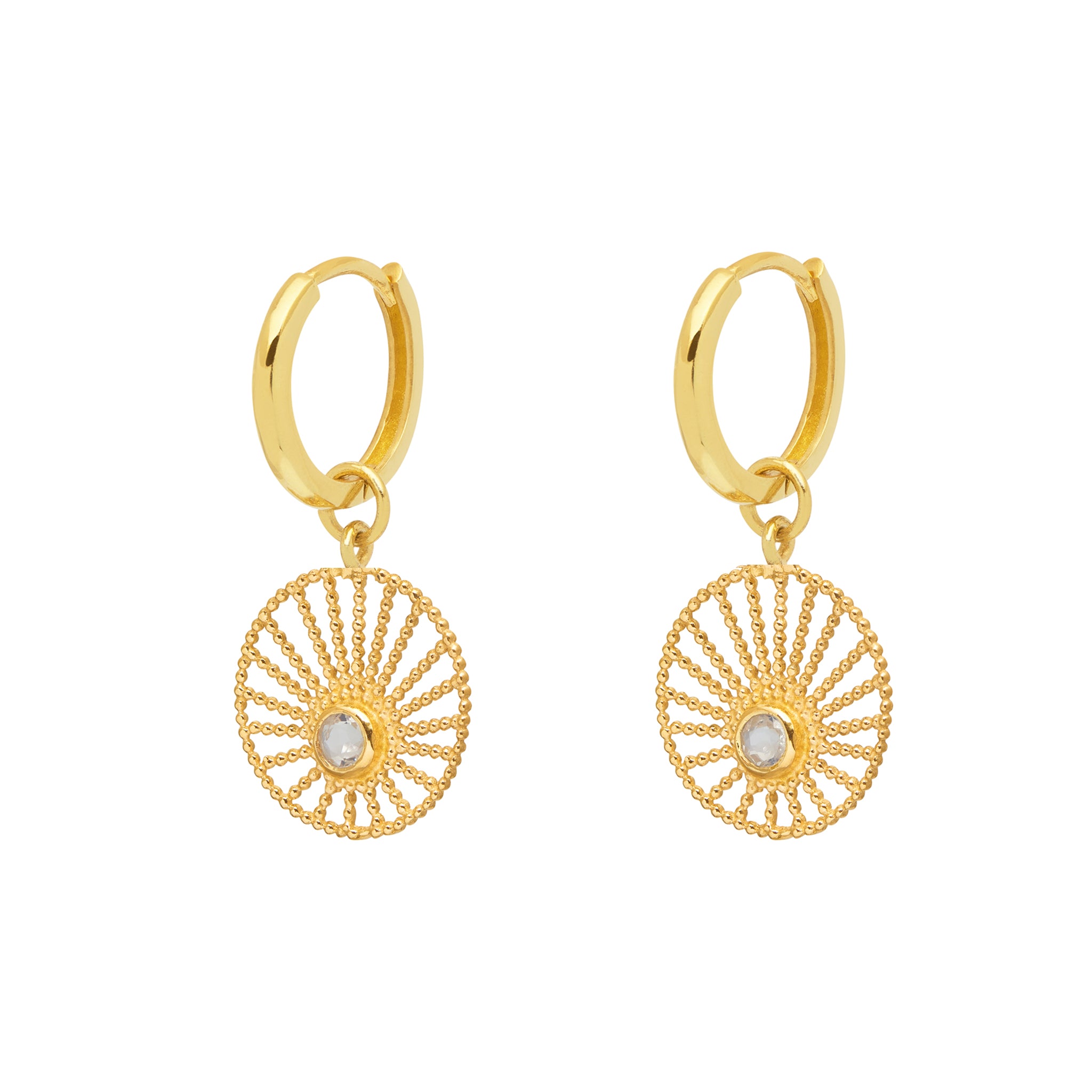 18ct plated vermeil hoop earrings with moonstone in a sun inspired design
