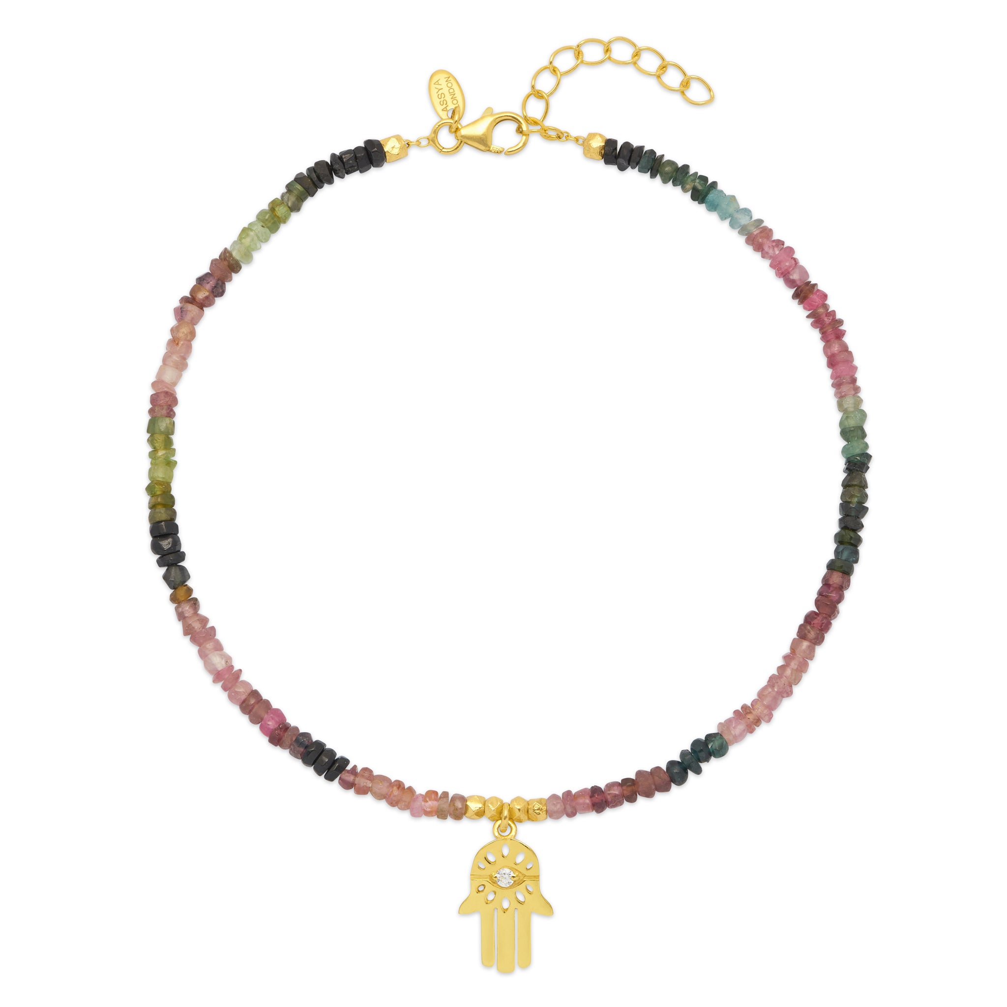 An anklet featuring a Hamsa charm with a 18ct gold plated vermeil on sterling silver base, adorned with natural tourmaline gemstones