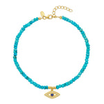 A natural turquoise crystals evil eye anklet with a 18ct gold plated vermeil chain and a protective evil eye charm.