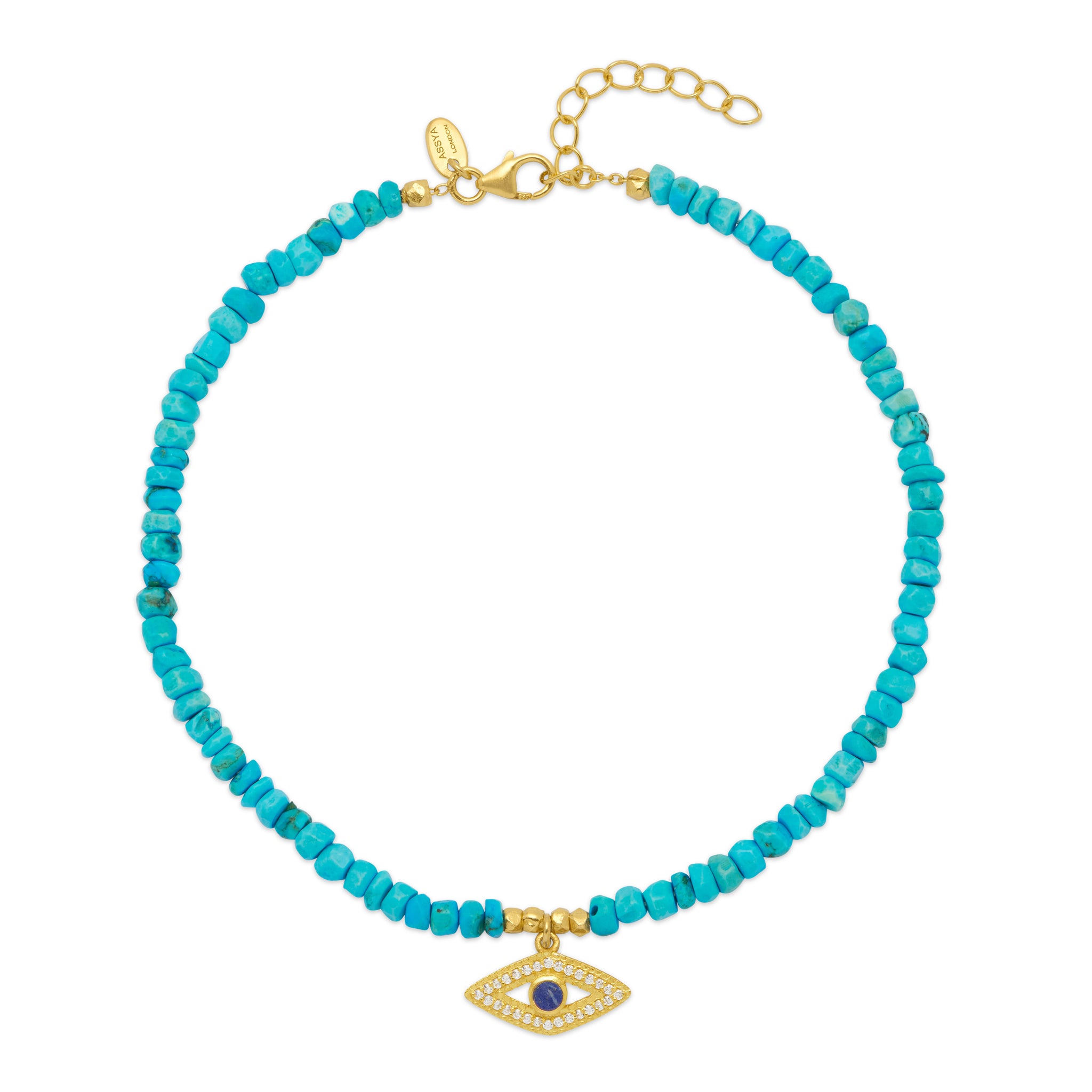 A natural turquoise crystals evil eye anklet with a 18ct gold plated vermeil chain and a protective evil eye charm.