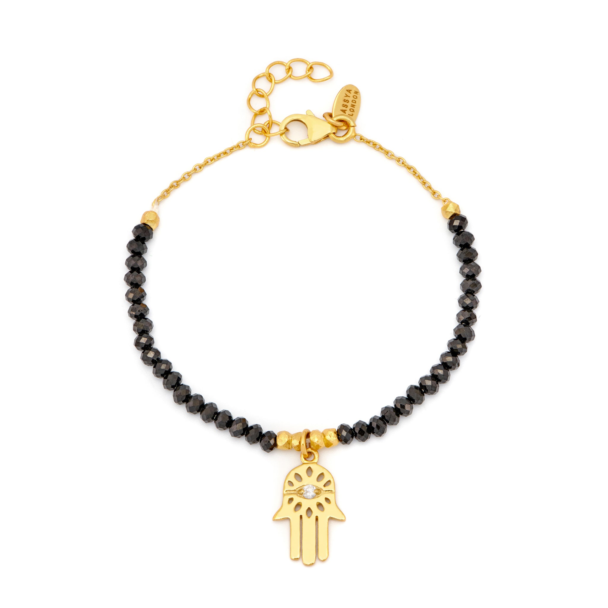 Adjustable 18ct vermeil gold-plated sterling silver bracelet with black spinel and white zircon gemstone, featuring a Hamsa charm.