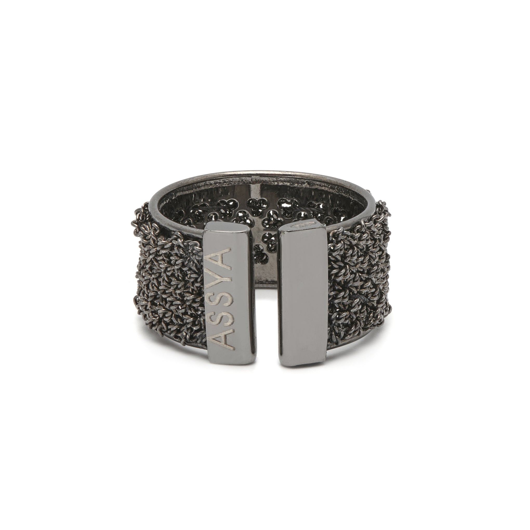 Sterling Black Rhodium plated Silver chain weaved ring. Open closure for various sizing.