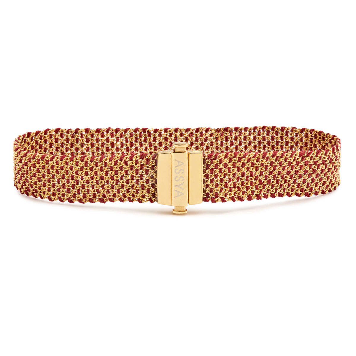 ASSYA gold and burgundy woven bracelet on a white background