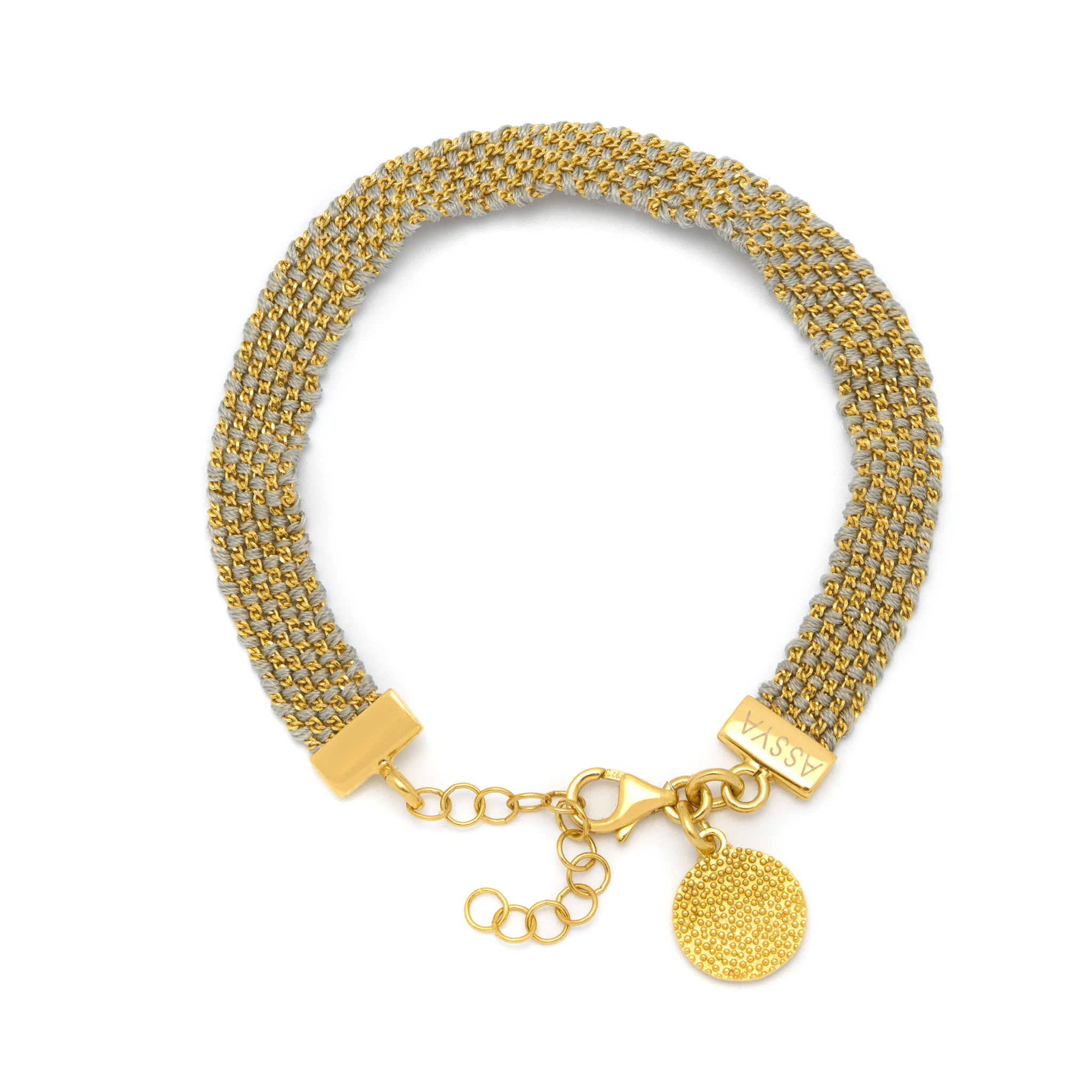18ct gold plated vermeil on silver with grey silk threads weaved bracelet with lobster clasp and charm.