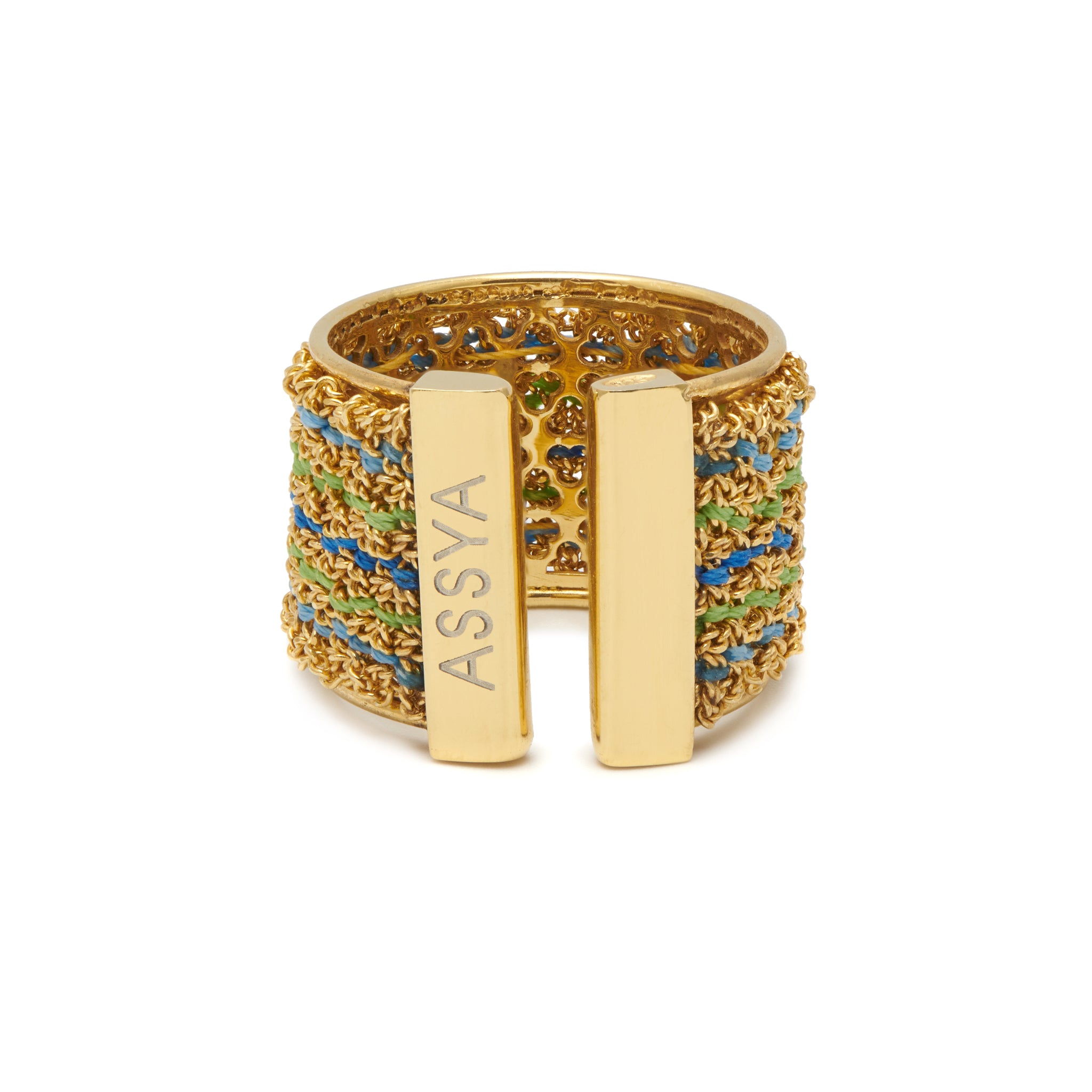 18ct gold vermeil blue and green silk thread weaved adjustable ring