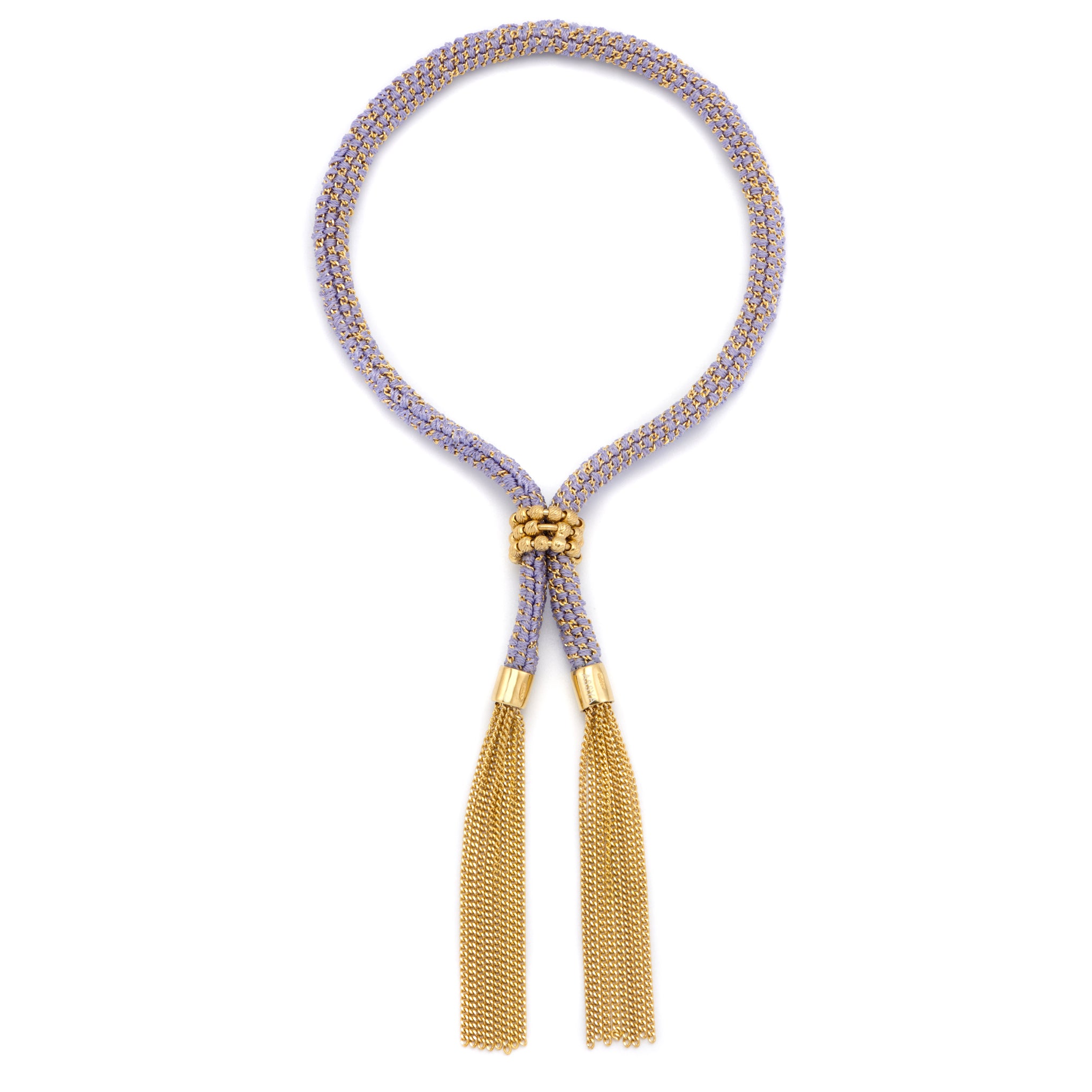 A lilac and gold tassel bracelet with a woven fabric and a ball clasp, featuring gold 18ct gold vermeil chain.