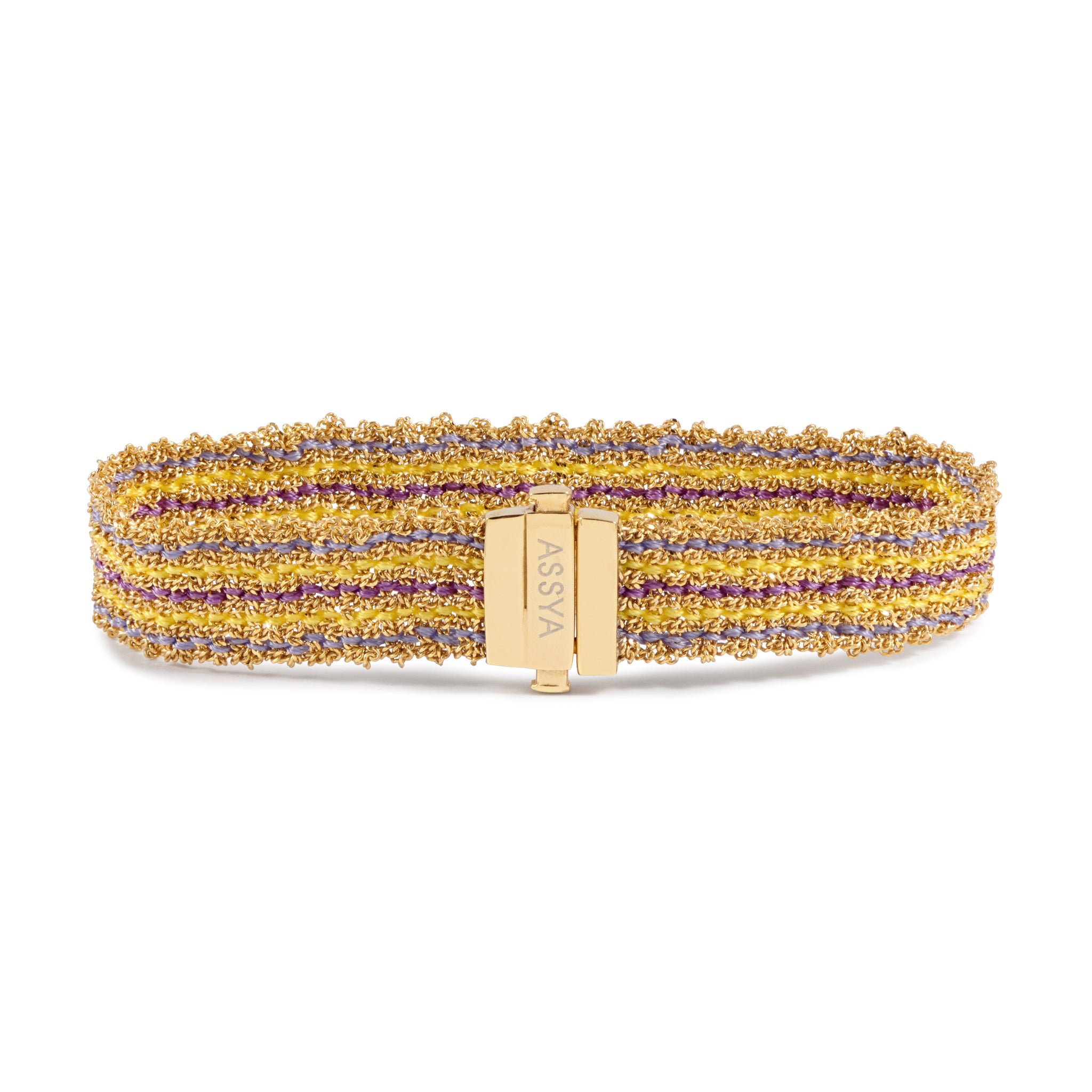 18ct gold vermeil with lilac and purple, silk weaved bracelet with gold clasp.
