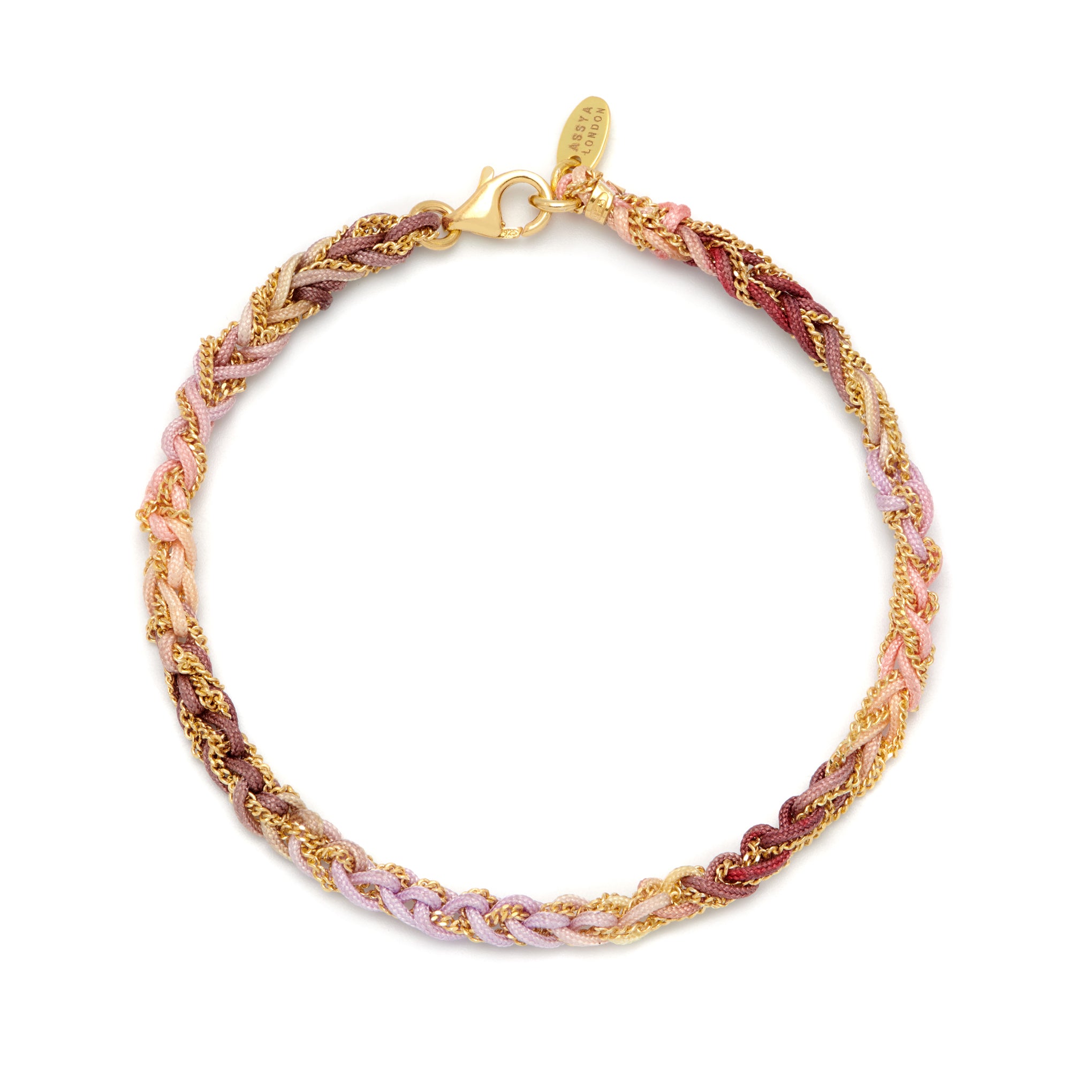 A gold and pastel colored friendship bracelet with a lobster clasp closure, featuring a mix of 18ct gold vermeil chain and multicolored silk threads.
