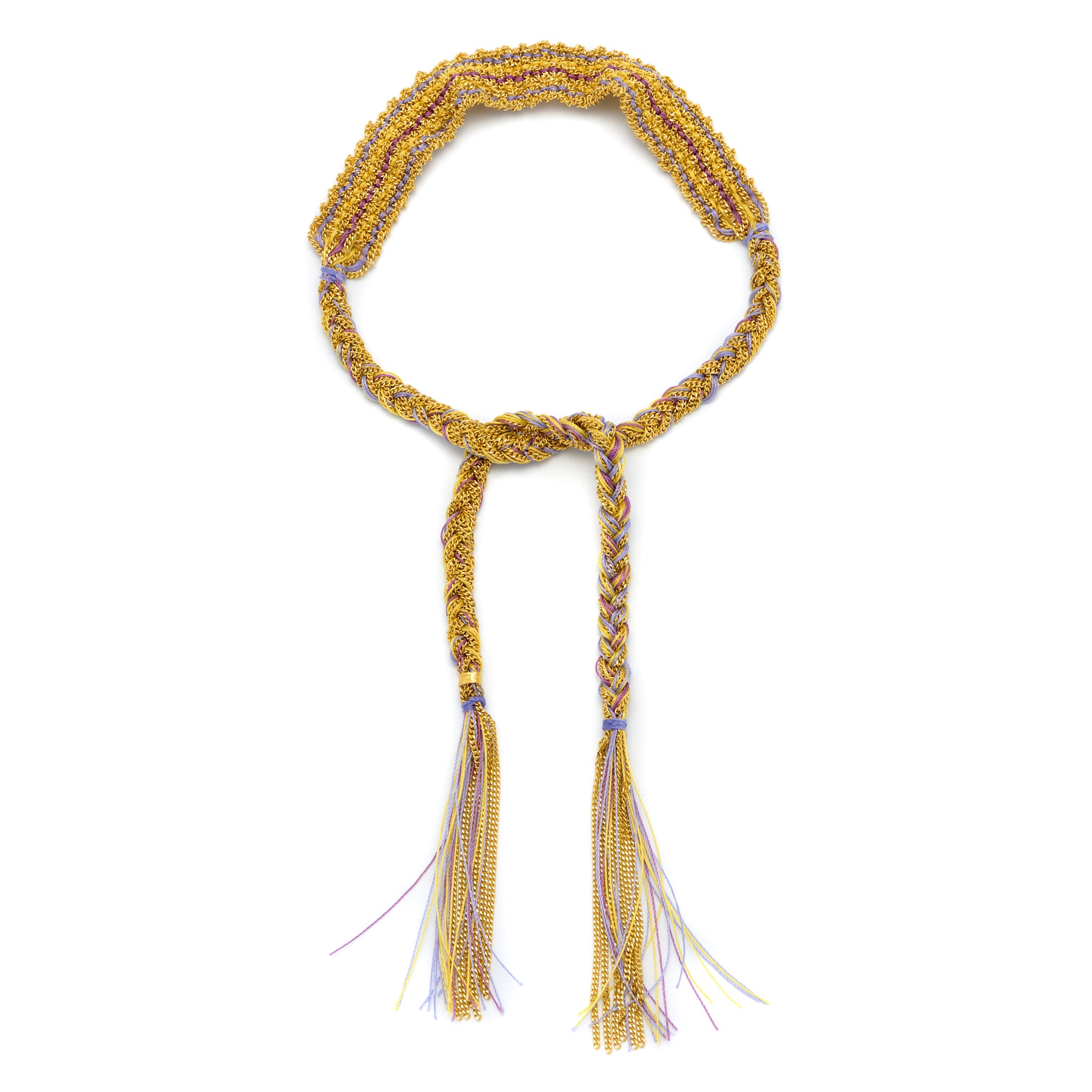 18ct gold plated vermeil on silver with lilac purple silk thread weaved bracelet with a tie closure and tassels.