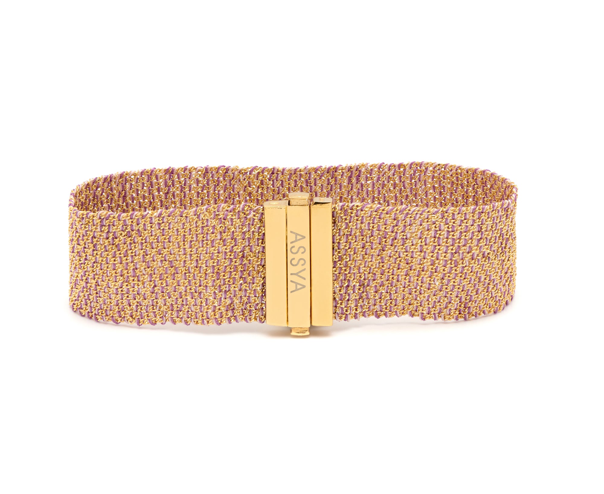 18ct gold plated vermeil bracelet 2cm thick with purple lilac silk thread weaved and gold clasp.