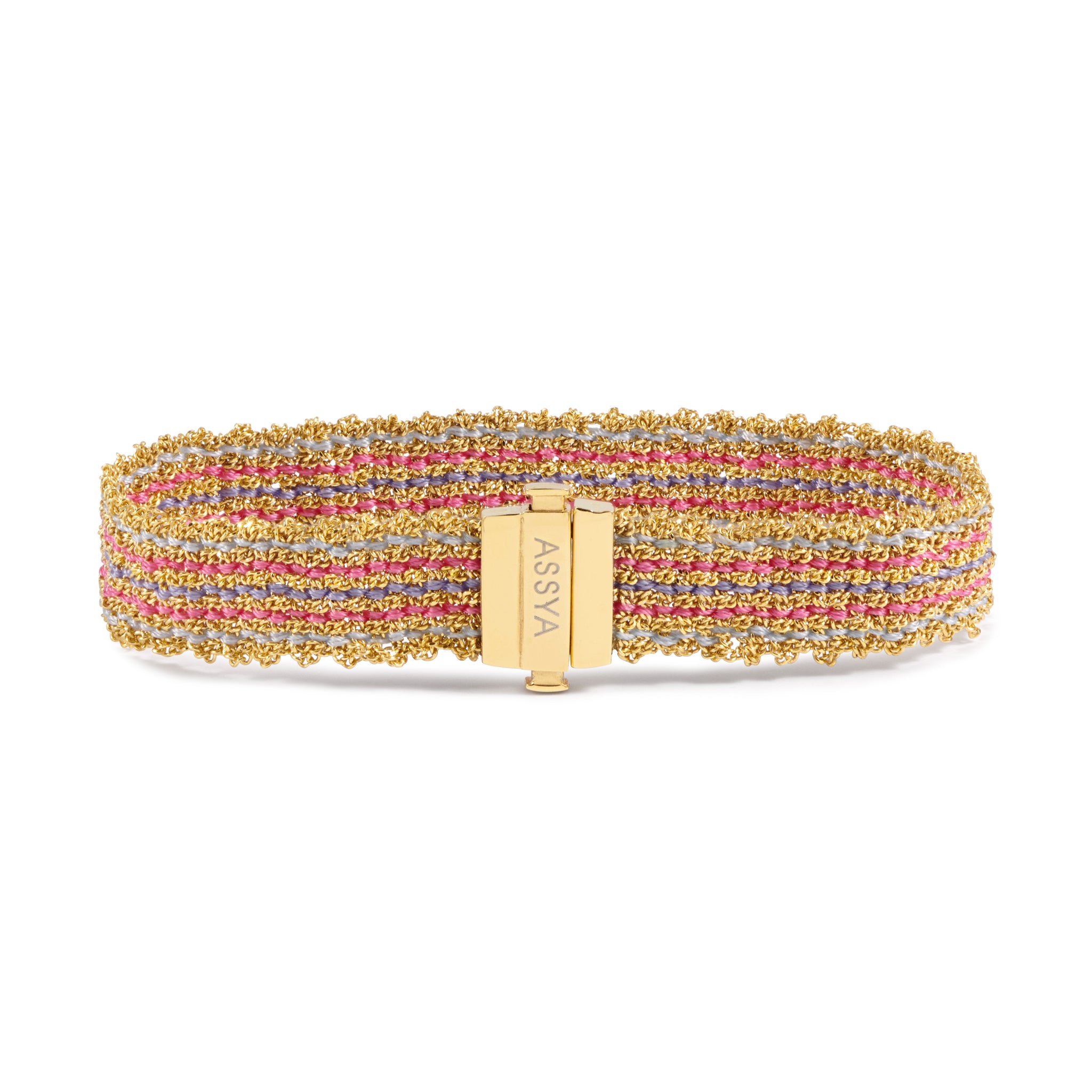 18ct gold vermeil and multicoloured purple, pink and blue silk woven bracelet with clasp