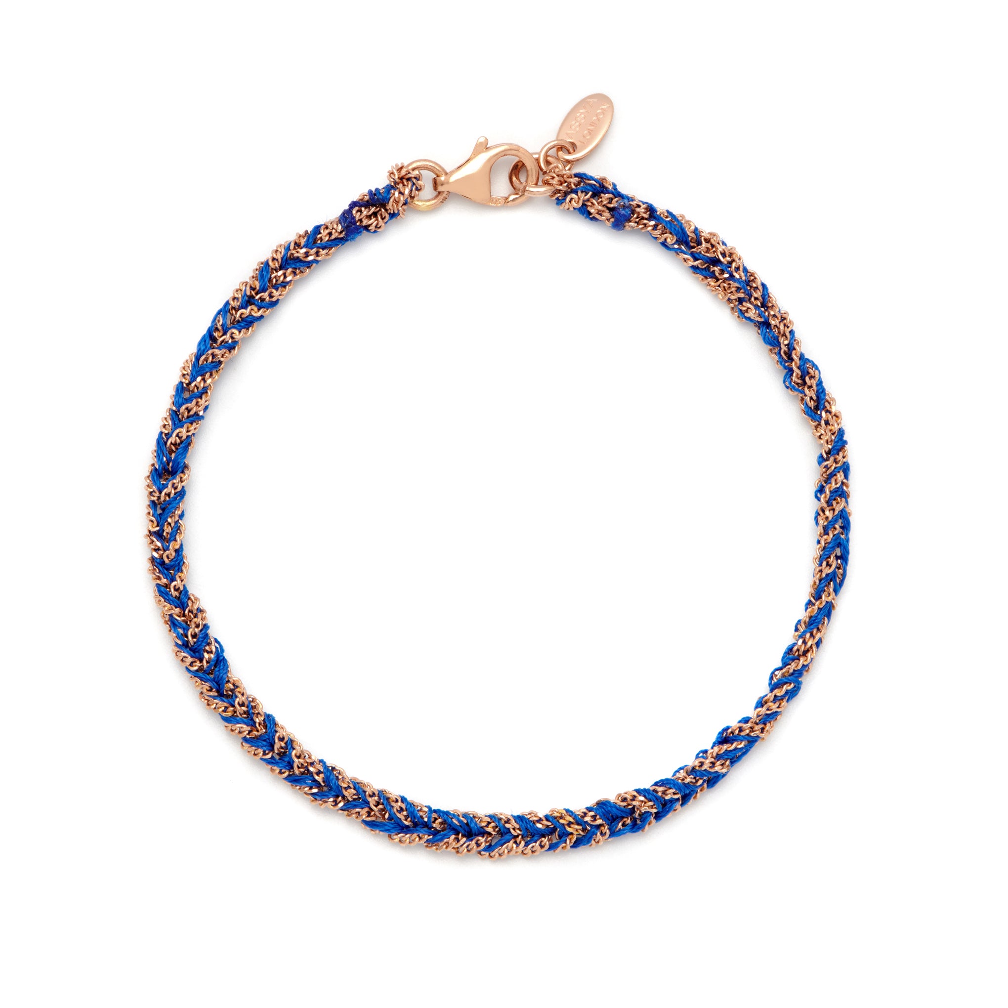 A rose 18ct gold plated on sterling silver and blue silk thread friendship bracelet with a lobster clasp closure, hand woven.