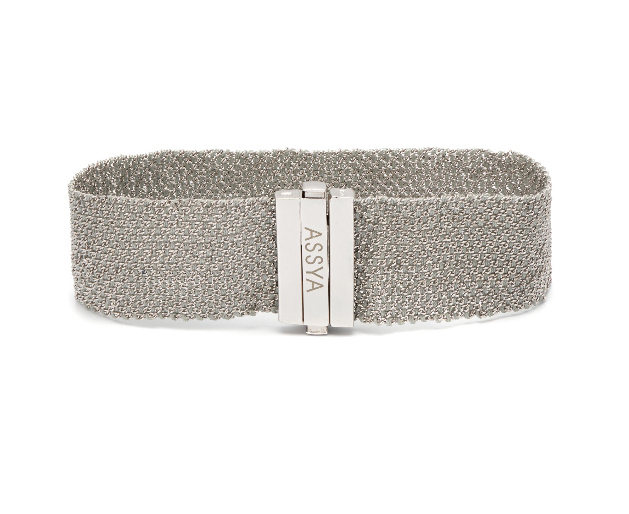 A sterling silver and grey silk bracelet with a 2cm width, featuring a Sterling Silver chain design. and silver clasp