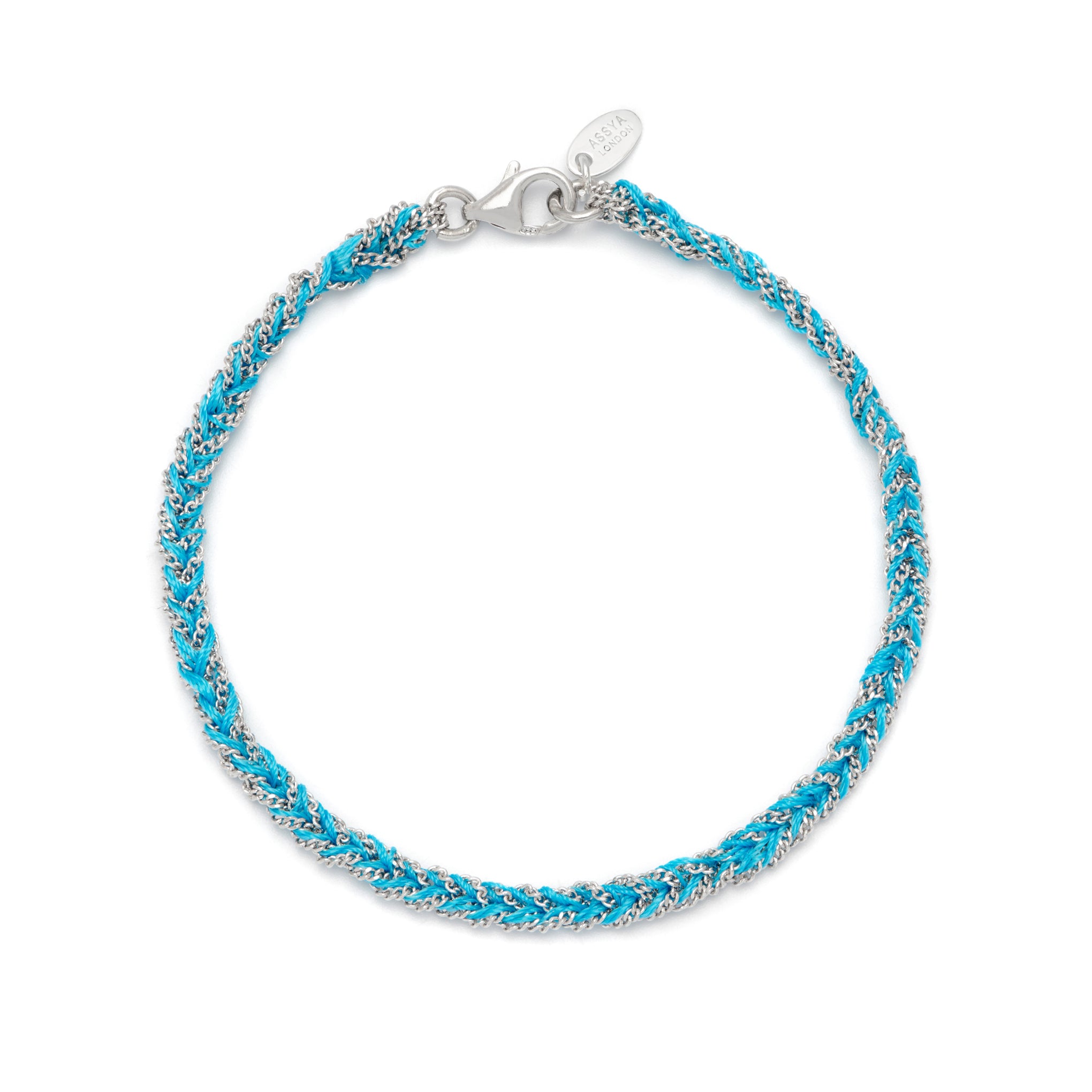 A sterling silver and aqua blue friendship bracelet with a lobster clasp closure, hand woven on an Italian loom using sterling silver and blue silk thread.