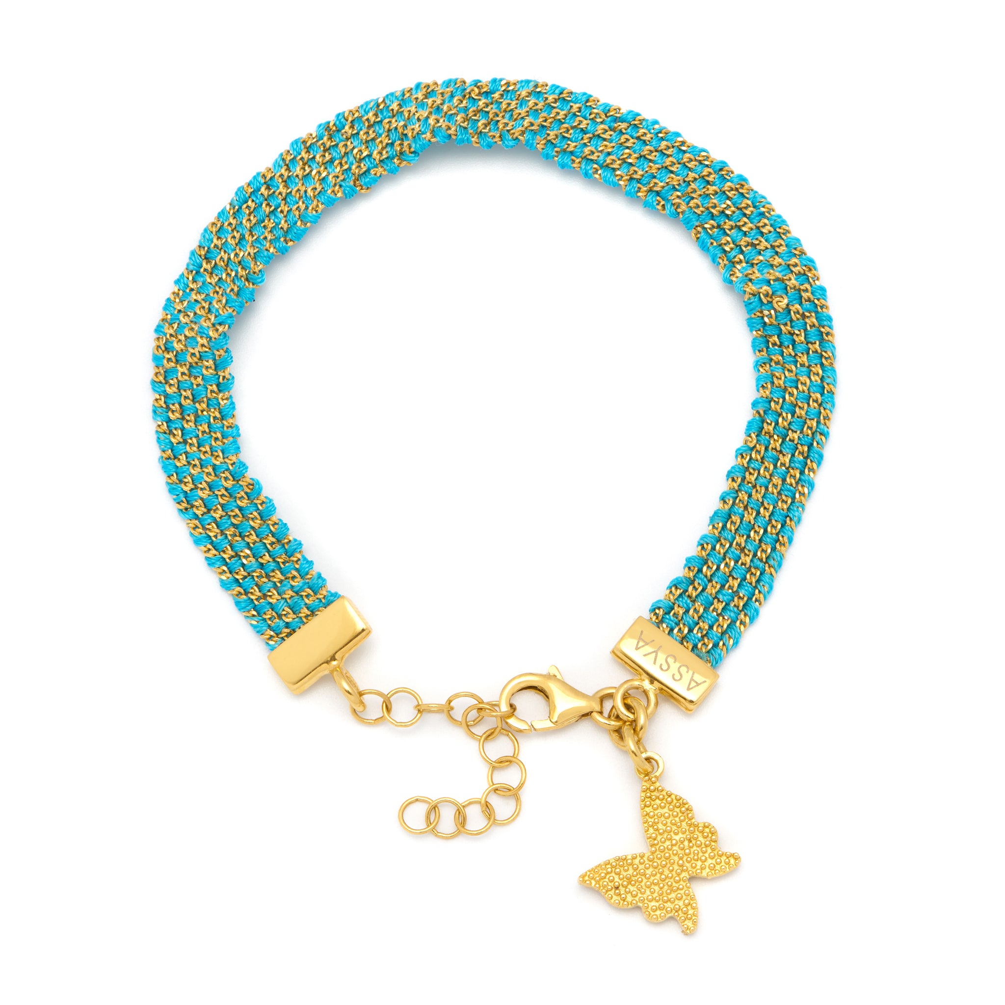 A turquoise silk weaved charm bracelet with a 18ct gold-plated vermeil on sterling silver chain and a gold charm in the shape of a butterfly and lobster clasp closure