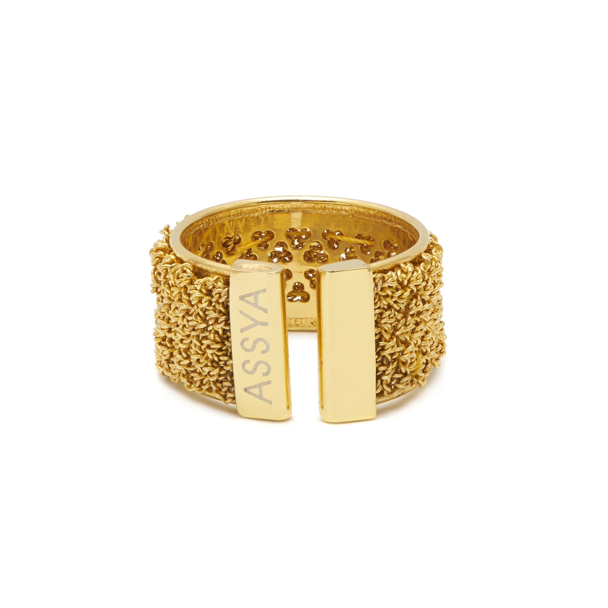 a 18ct vermeil gold plated sterling silver weaved ring. with open closure for customizable sizing.