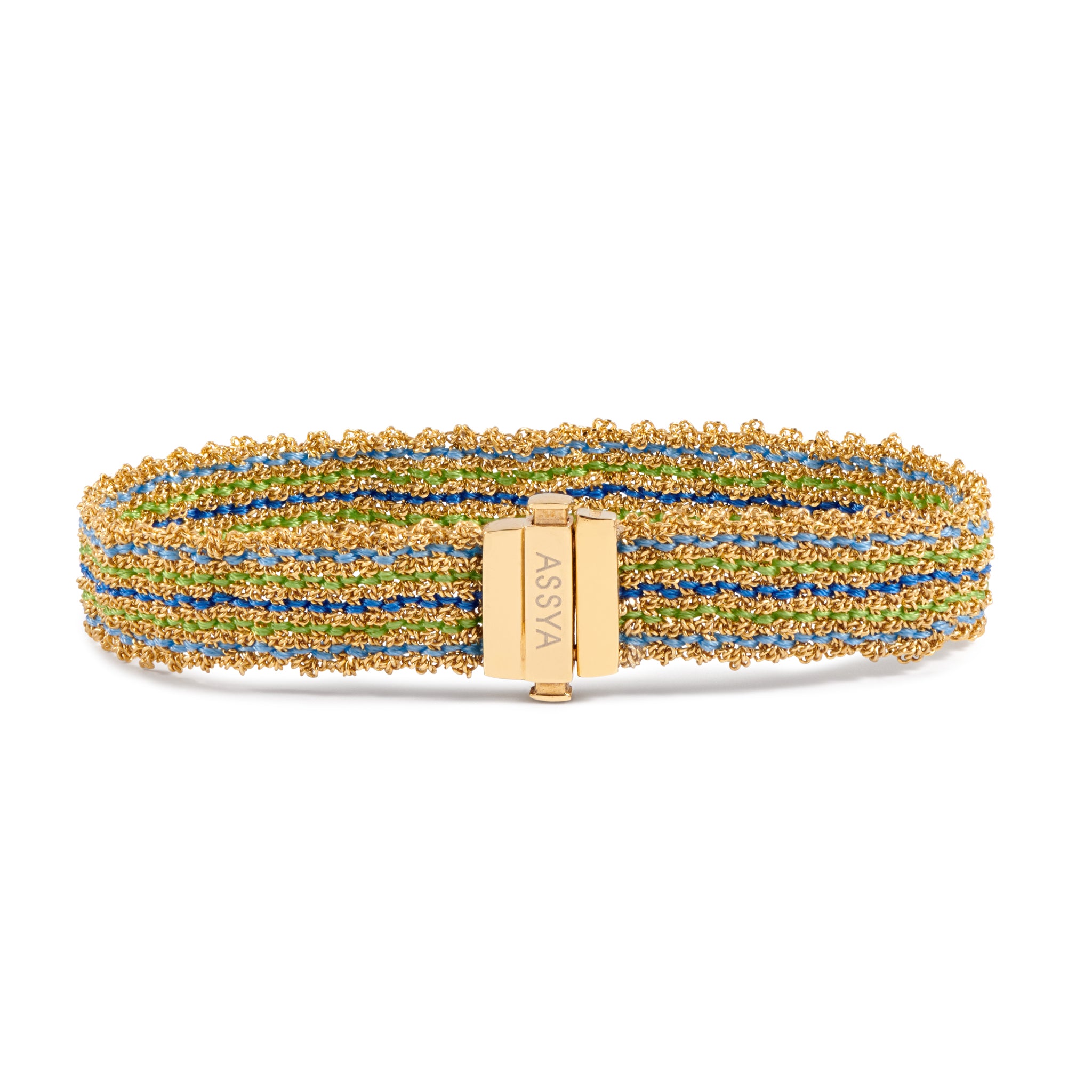18ct gold vermeil with multiclolour blue, dark blue and green silk weaved bracelet with gold clasp.