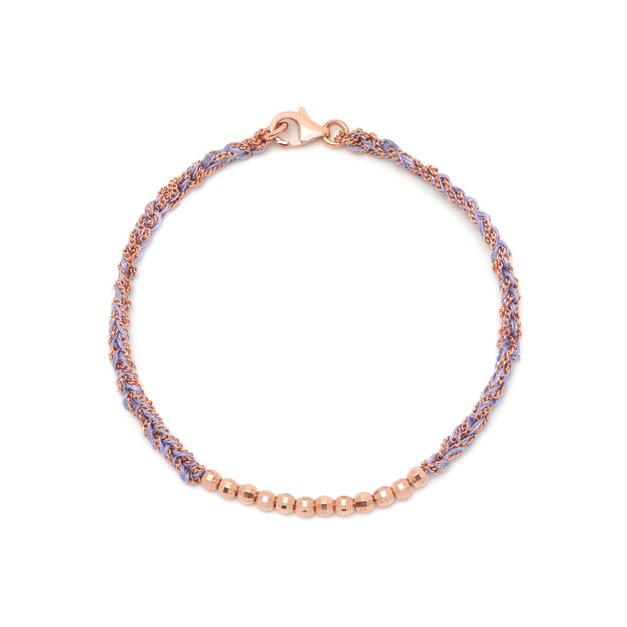 18ct rose gold plated silver with lilac purple silk threads and rose gold beads friendship bracelet.