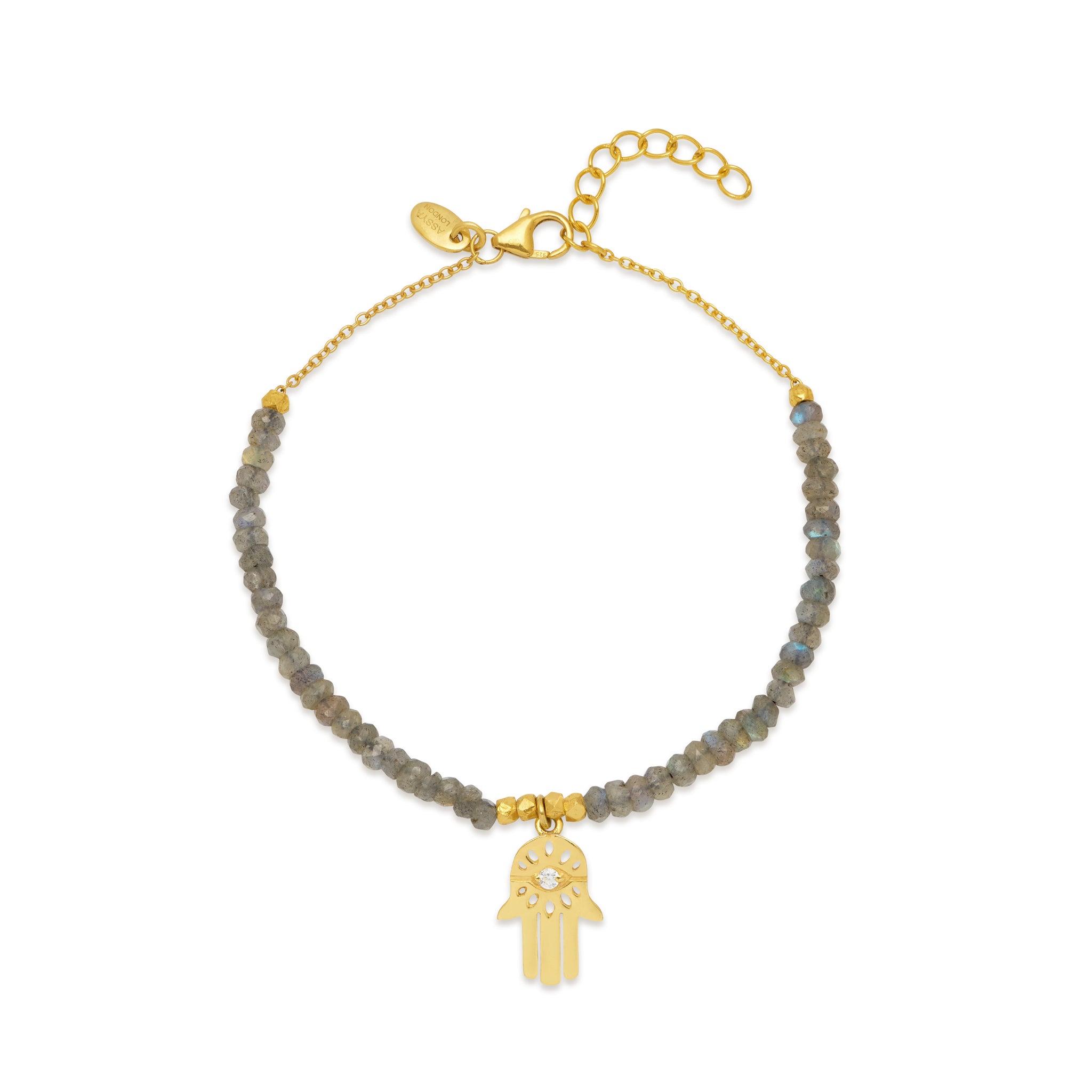 18ct gold plated bracelet with a hamsa charm with white zircon on a labradorite chain