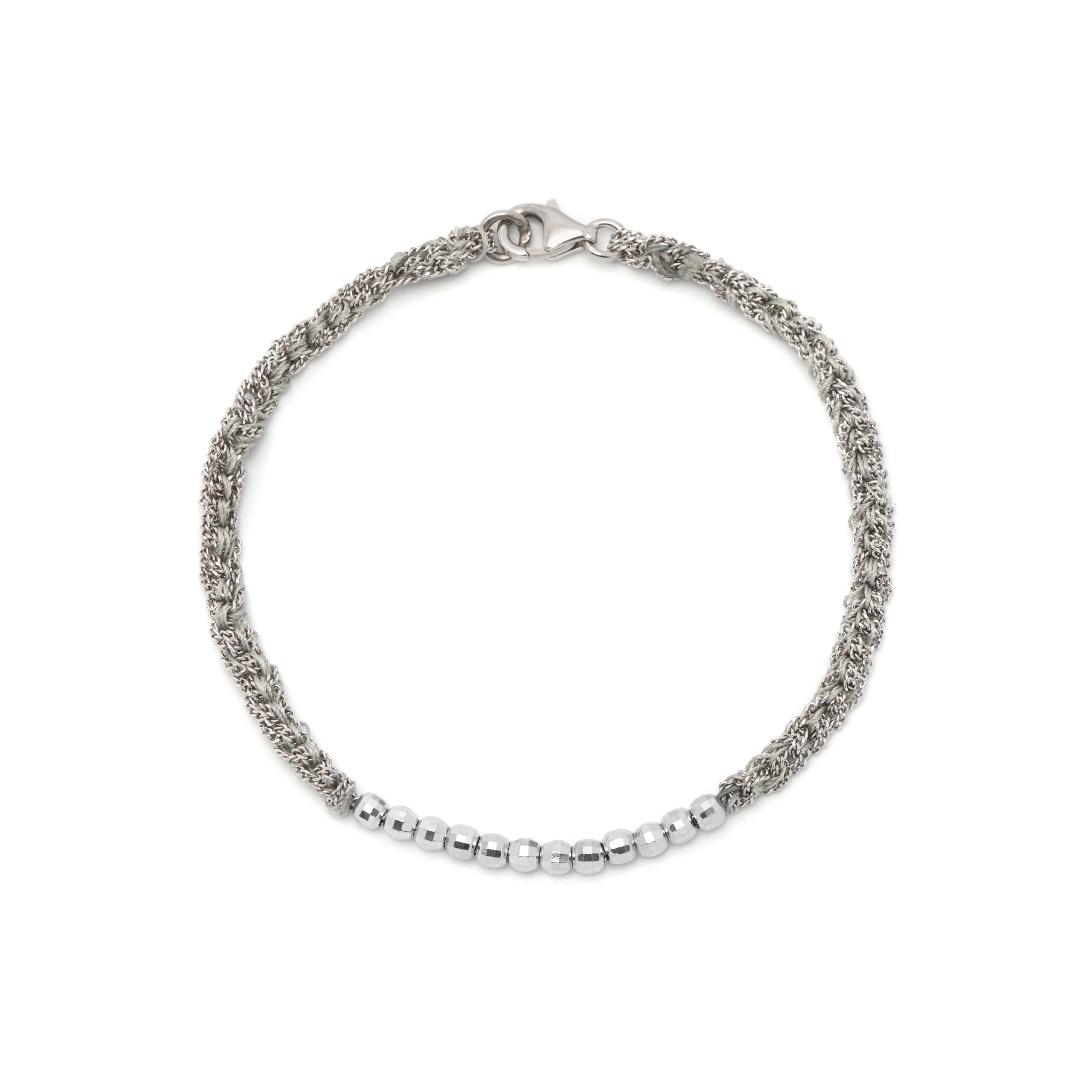 sterling silver chain with silver silk thread friendship bracelet with silver beads and lobster clasp.
