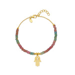 18ct gold plated charm bracelet with multicolored tourmaline gemstones and hamsa charm with white zircon.