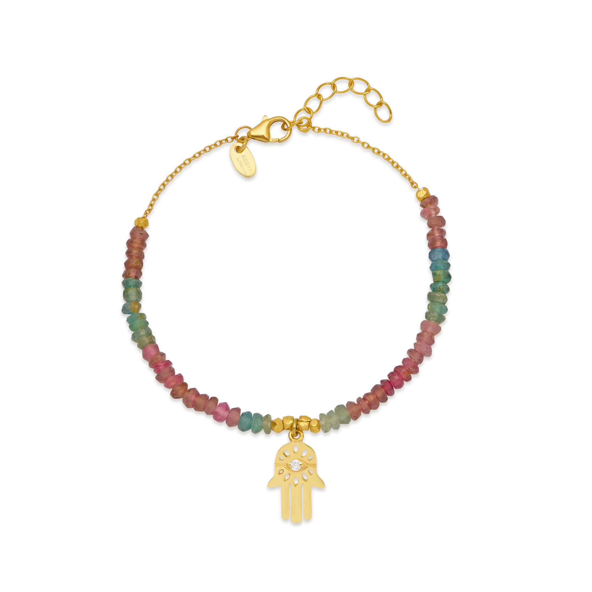 18ct gold plated charm bracelet with multicolored tourmaline gemstones and hamsa charm with white zircon.