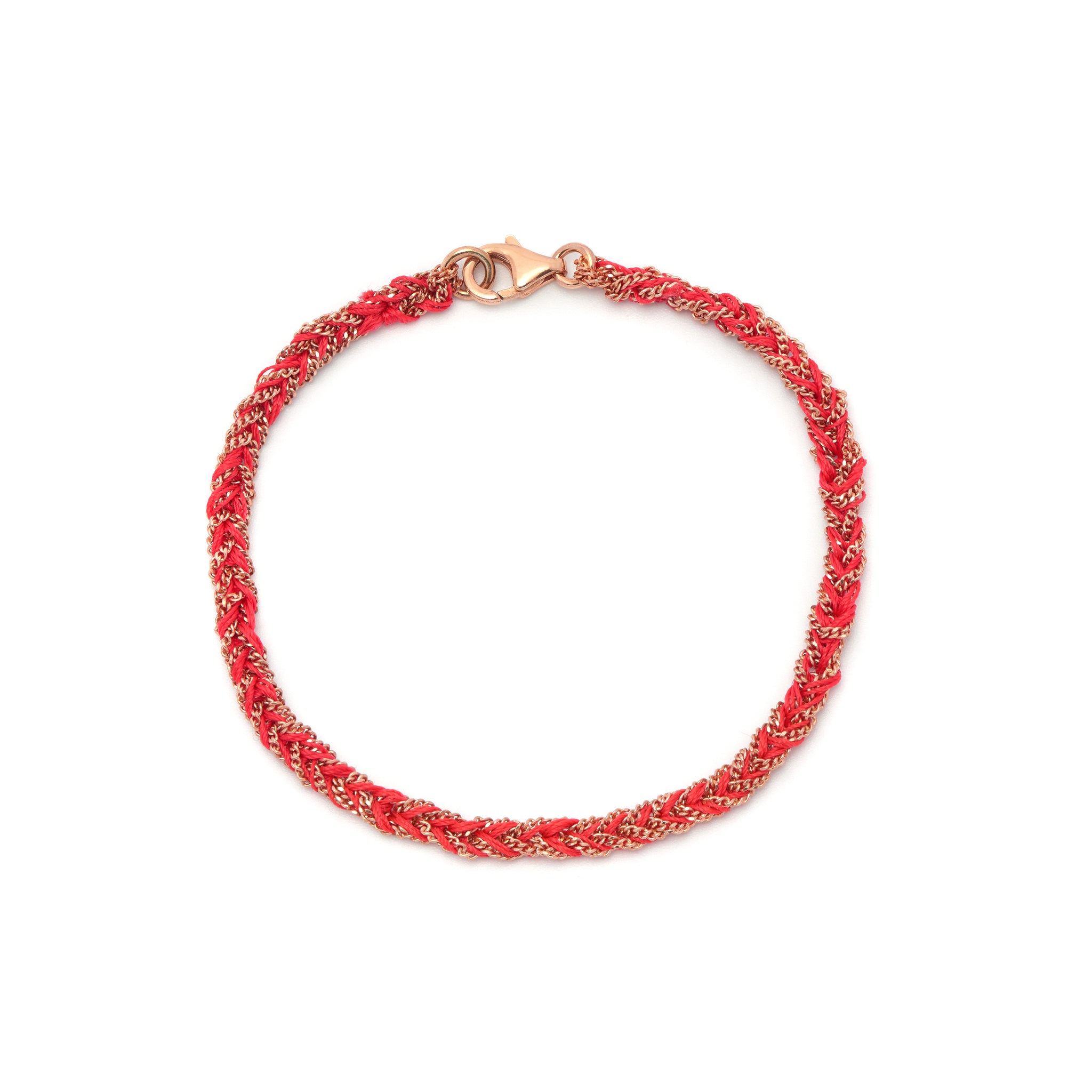 A 18ct plated rose gold and red silk friendship bracelet with a lobster clasp closure, hand woven using a Florentine technique.