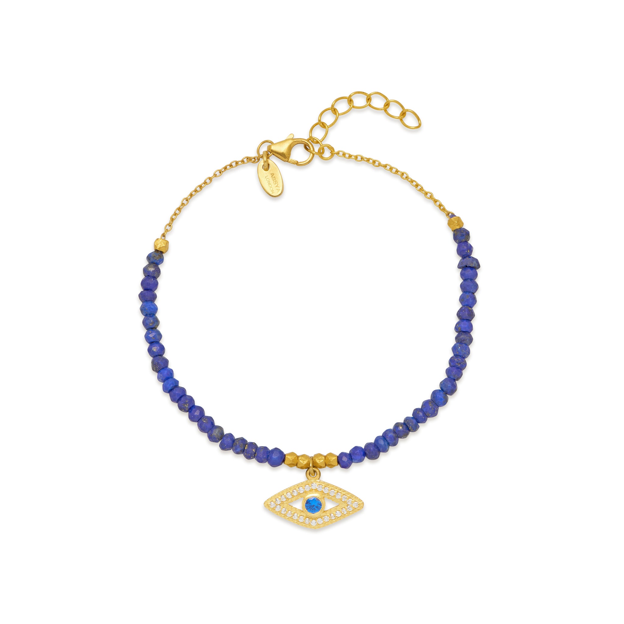 An 18ct gold plated sterling silver bracelet with a protective eye charm featuring a Lapis Lazuli bead and a gold chain, with an adjustable link.
