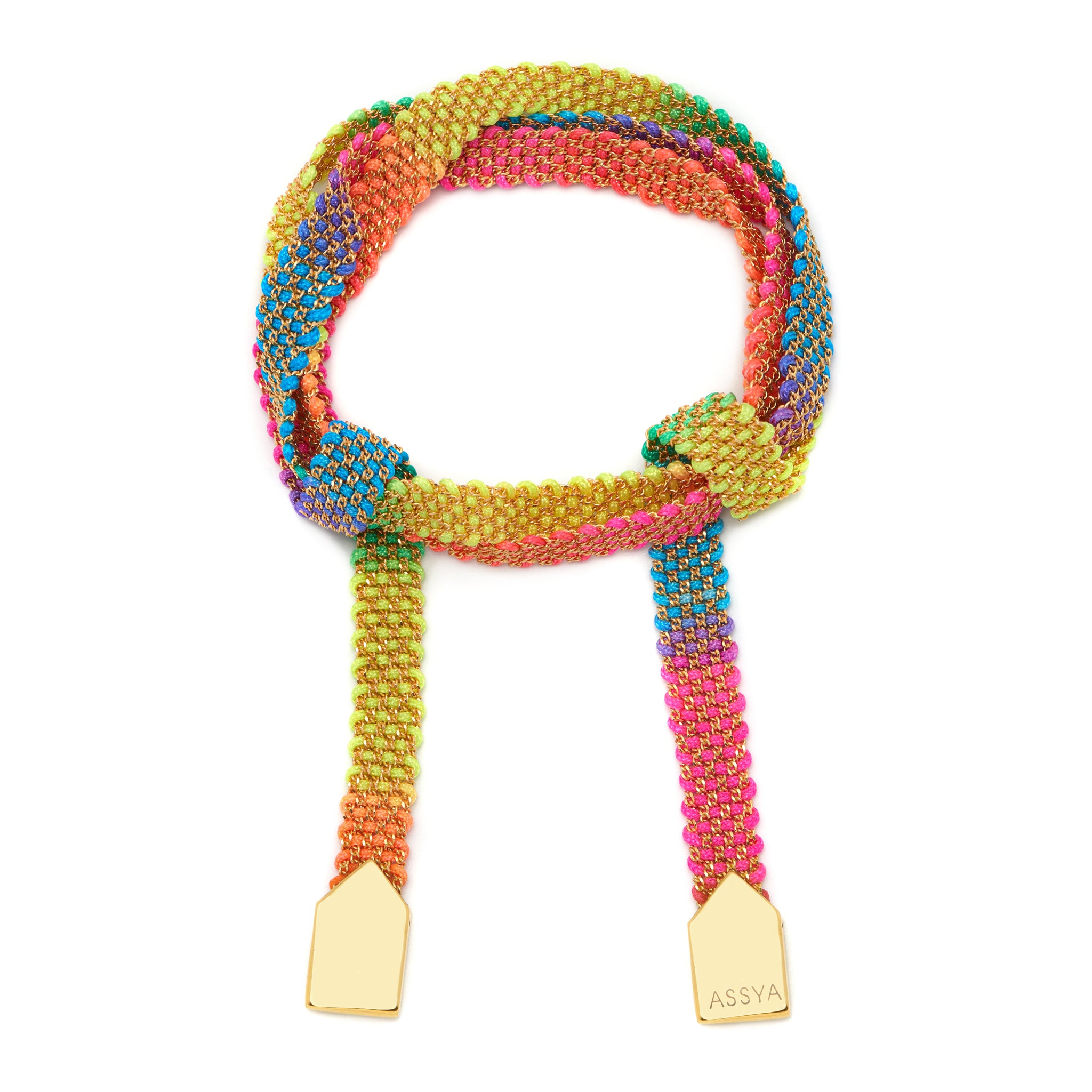18ct gold plated vermeil on sterling silver with multicoloured rainbow silk woven wrap around bracelet with tie closure