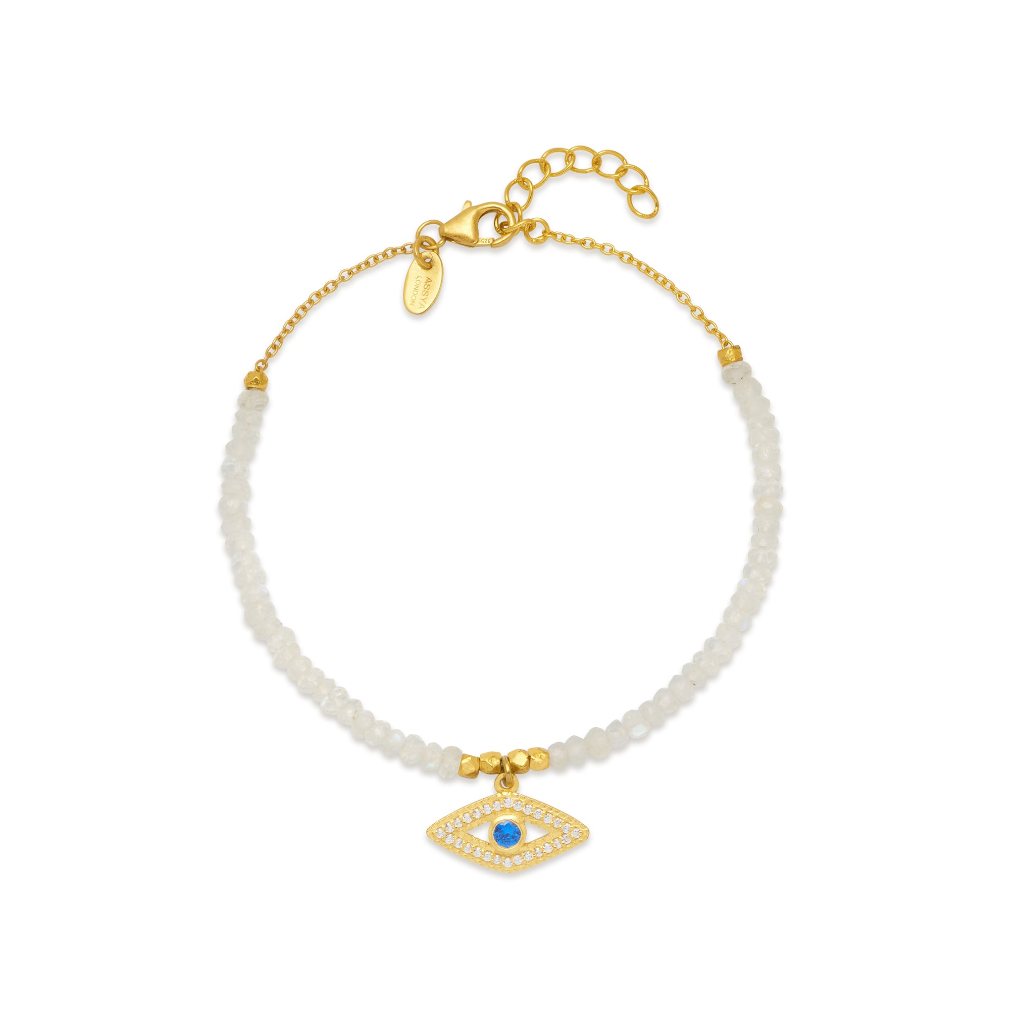 18ct gold plated vermeil charm bracelet with moonstones and evil eye charm adorned with natural blue crystal and white zircon.