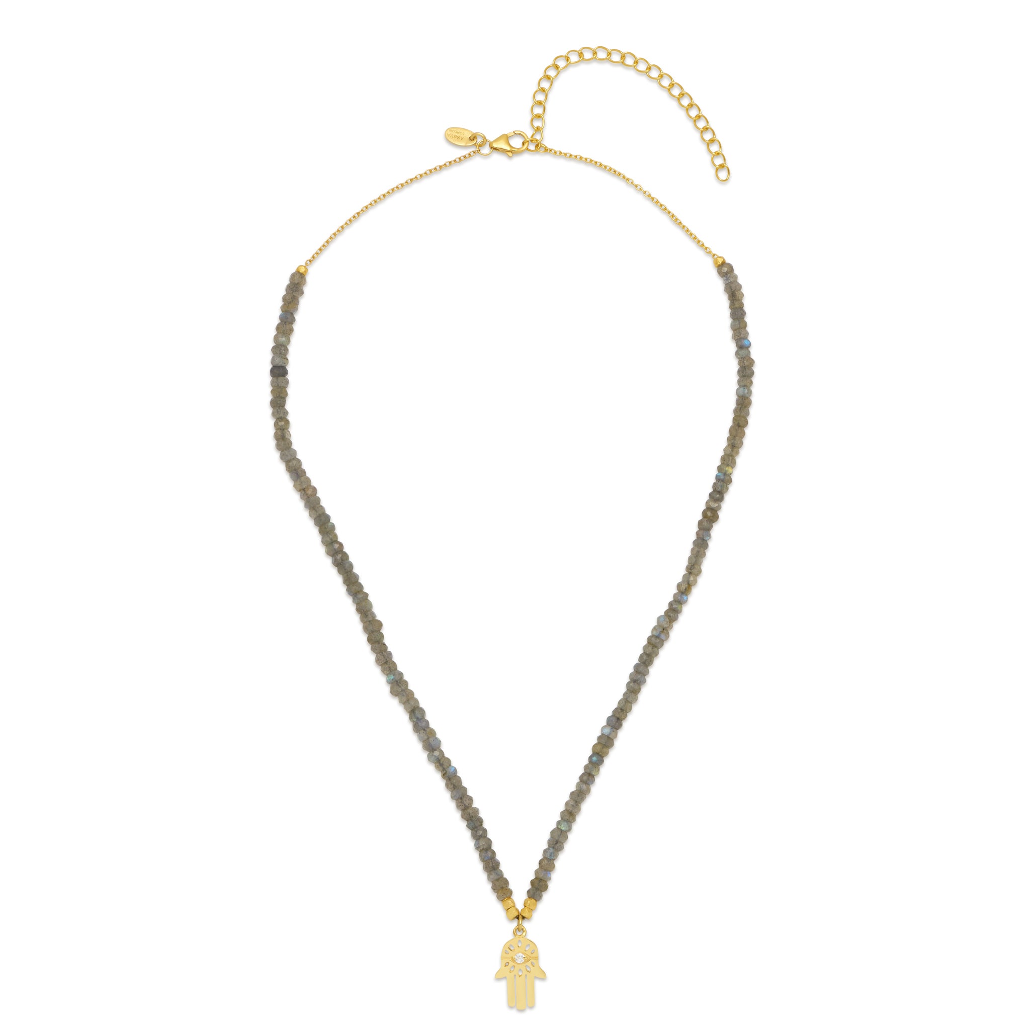 18ct gold plated vermeil necklace on silver chain with labradorite gemstones and a gold hamsa charm pendant with white zircon.