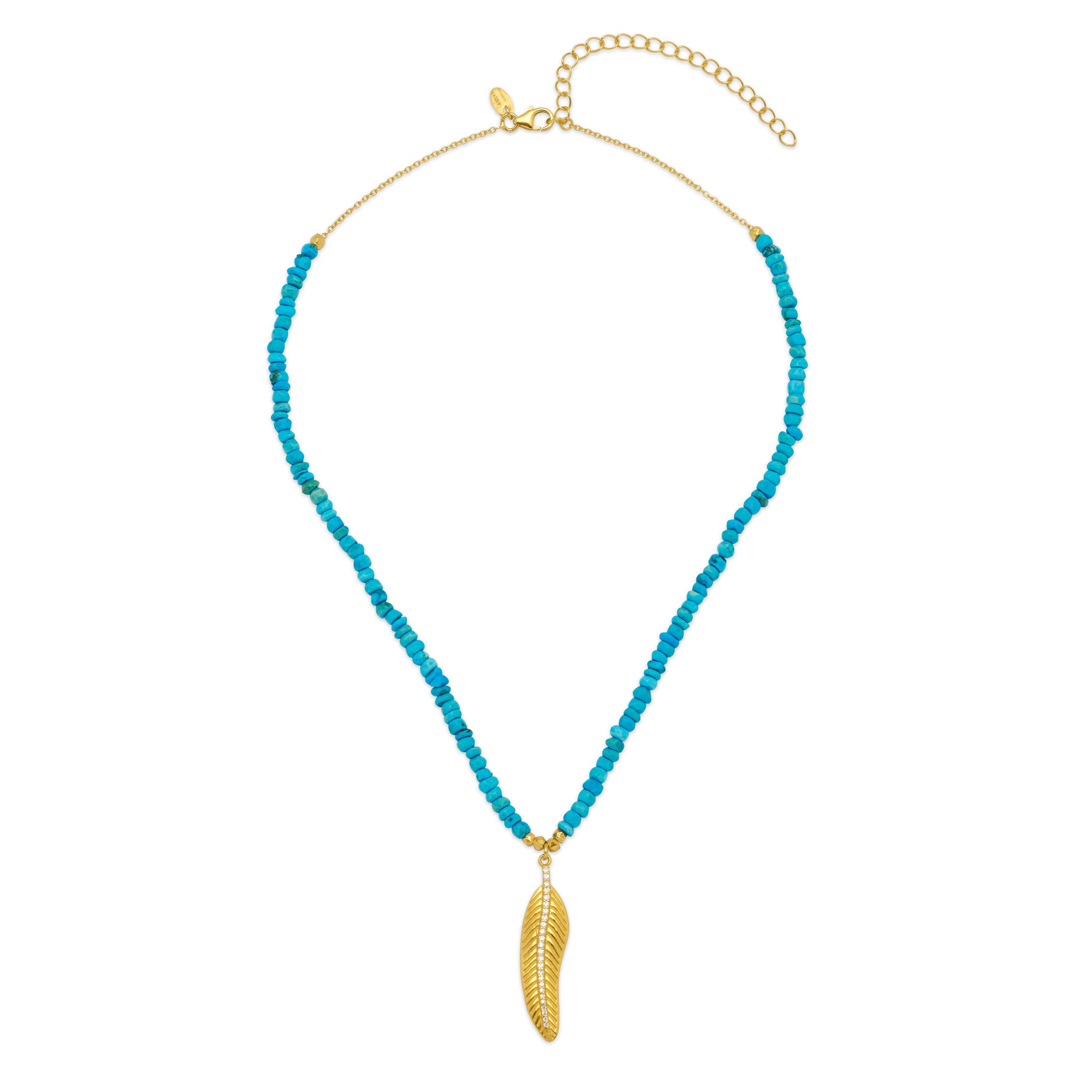 A 18ct gold-plated vermeil sterling silver necklace with a turquoise chain and a gold feather charm, complemented by a white zircon pave.
