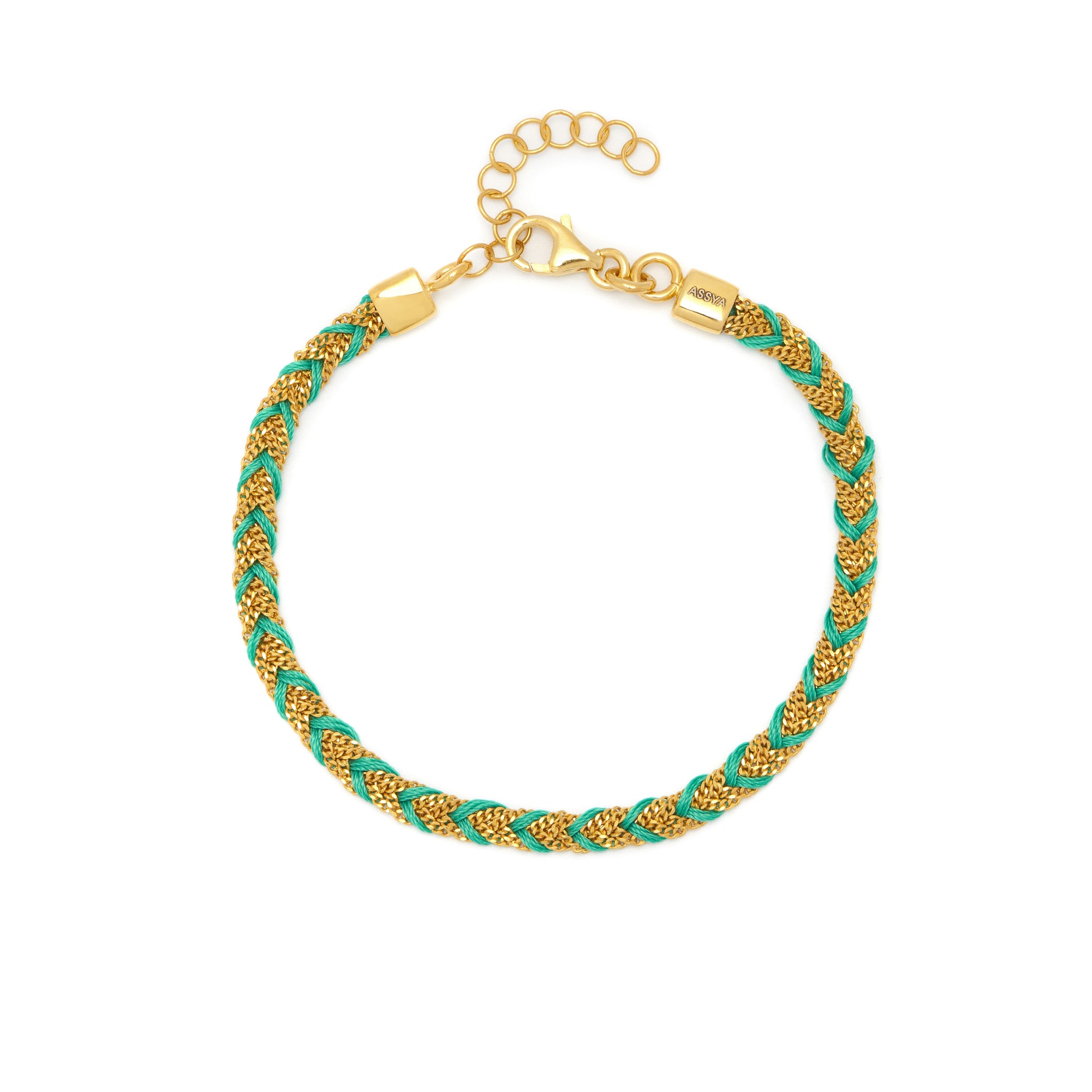 A 18ct gold plated vermeil and green silk braided Kuna bracelet with a lobster clasp closure.