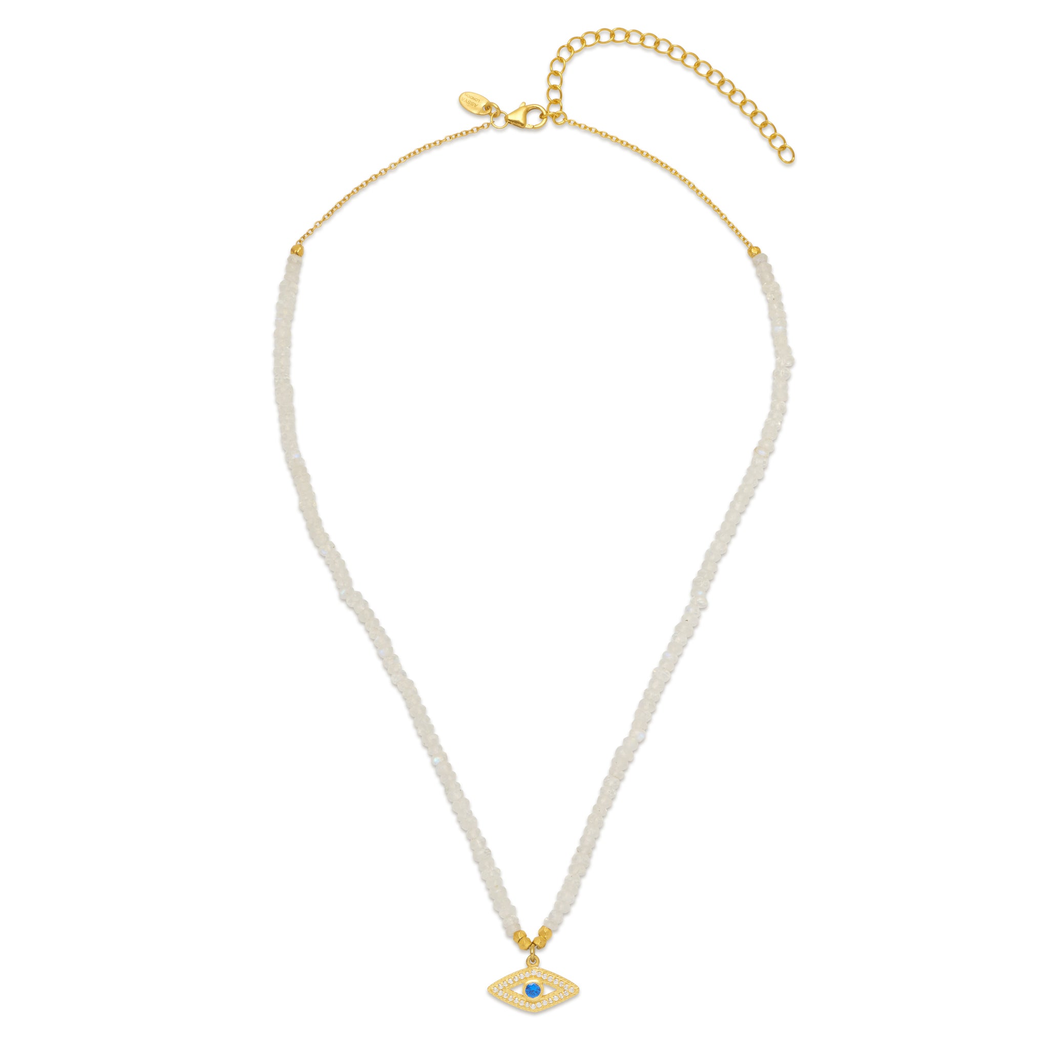 18ct gold plated vermeil on sterling silver necklace with natural moonstone gemstones and a evil eye charm pendant with white zircon.