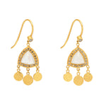 18ct gold plated vermeil drop earrings with moonstone and grey diamonds and three charms