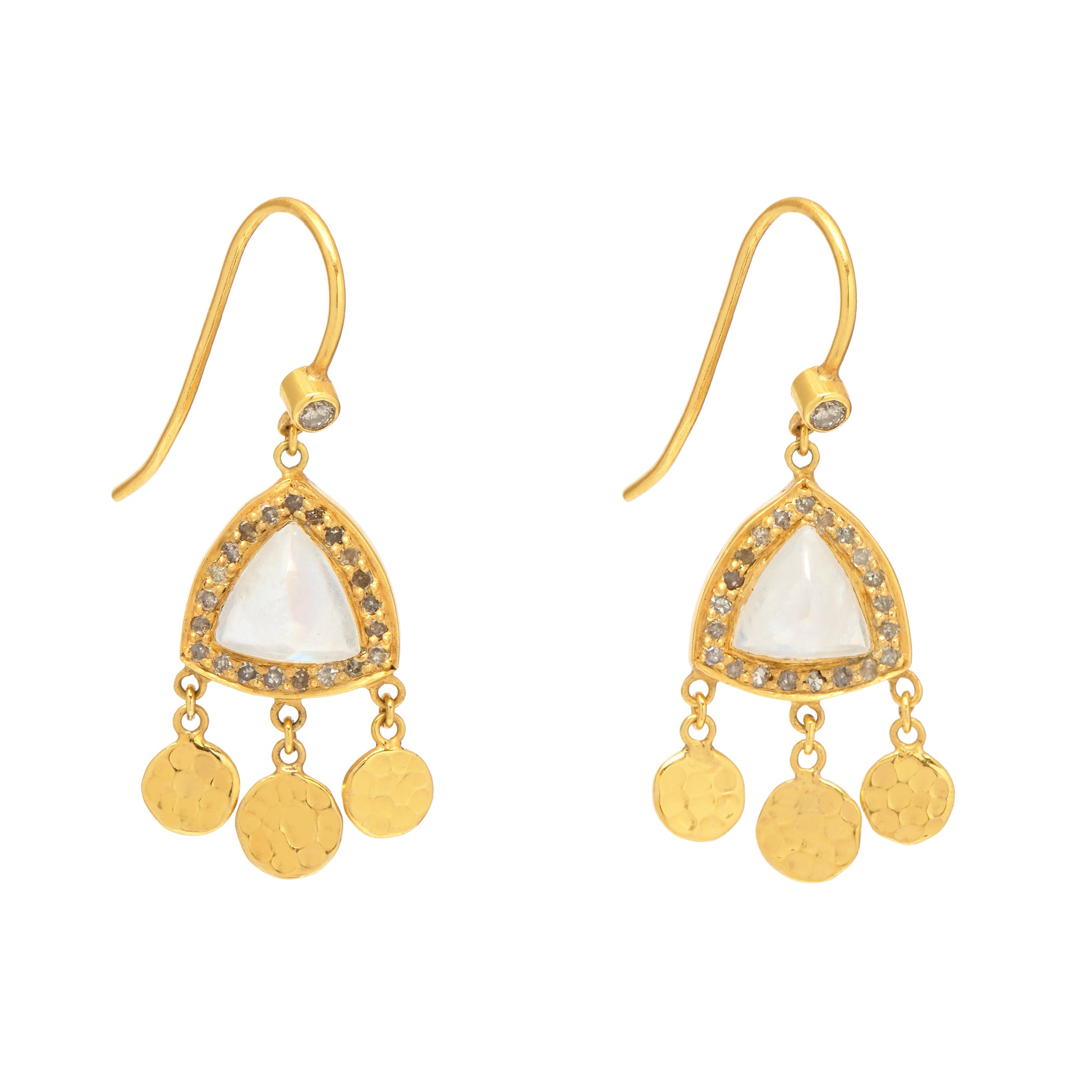 18ct gold plated vermeil drop earrings with moonstone and grey diamonds and three charms