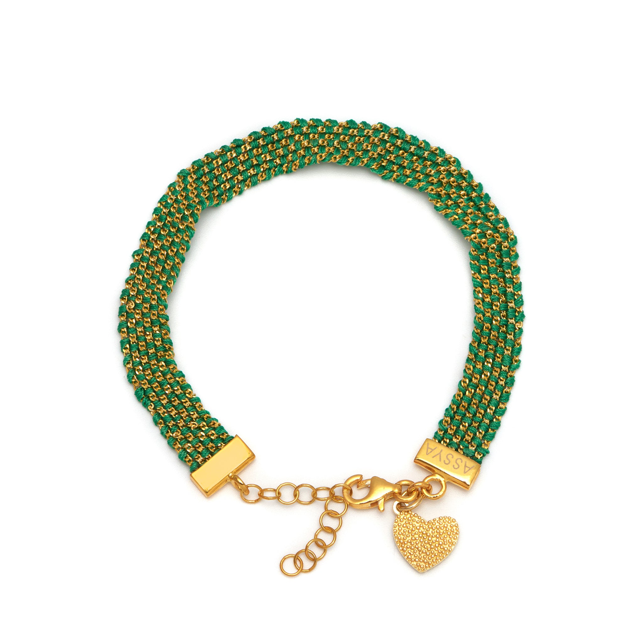 An emerald green silk weaved charm bracelet with a gold heart charm at the end, on a gold-plated sterling silver chain.