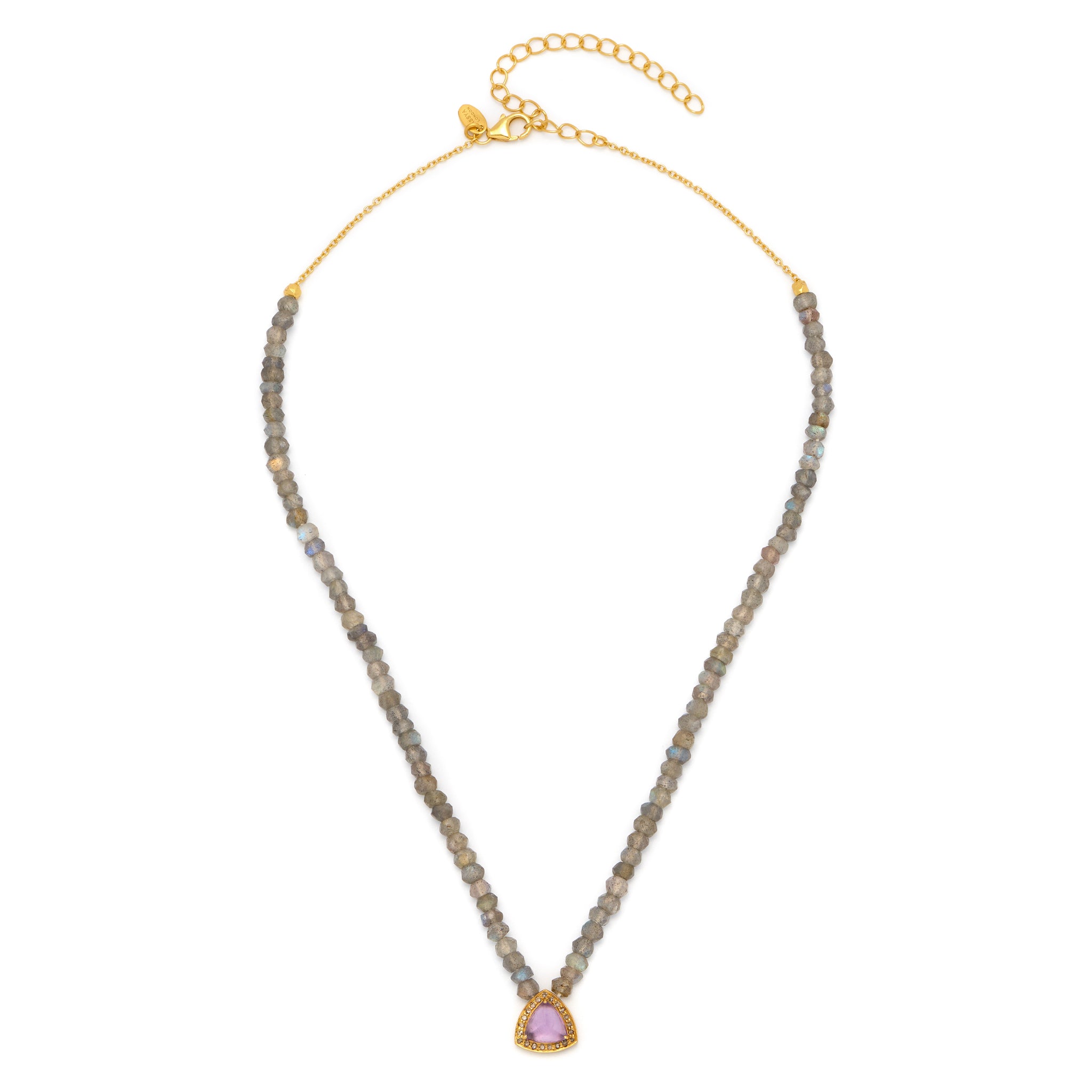 18ct gold plated vermeil necklace with labradorite crystals and an amethyst pyramid pendant.