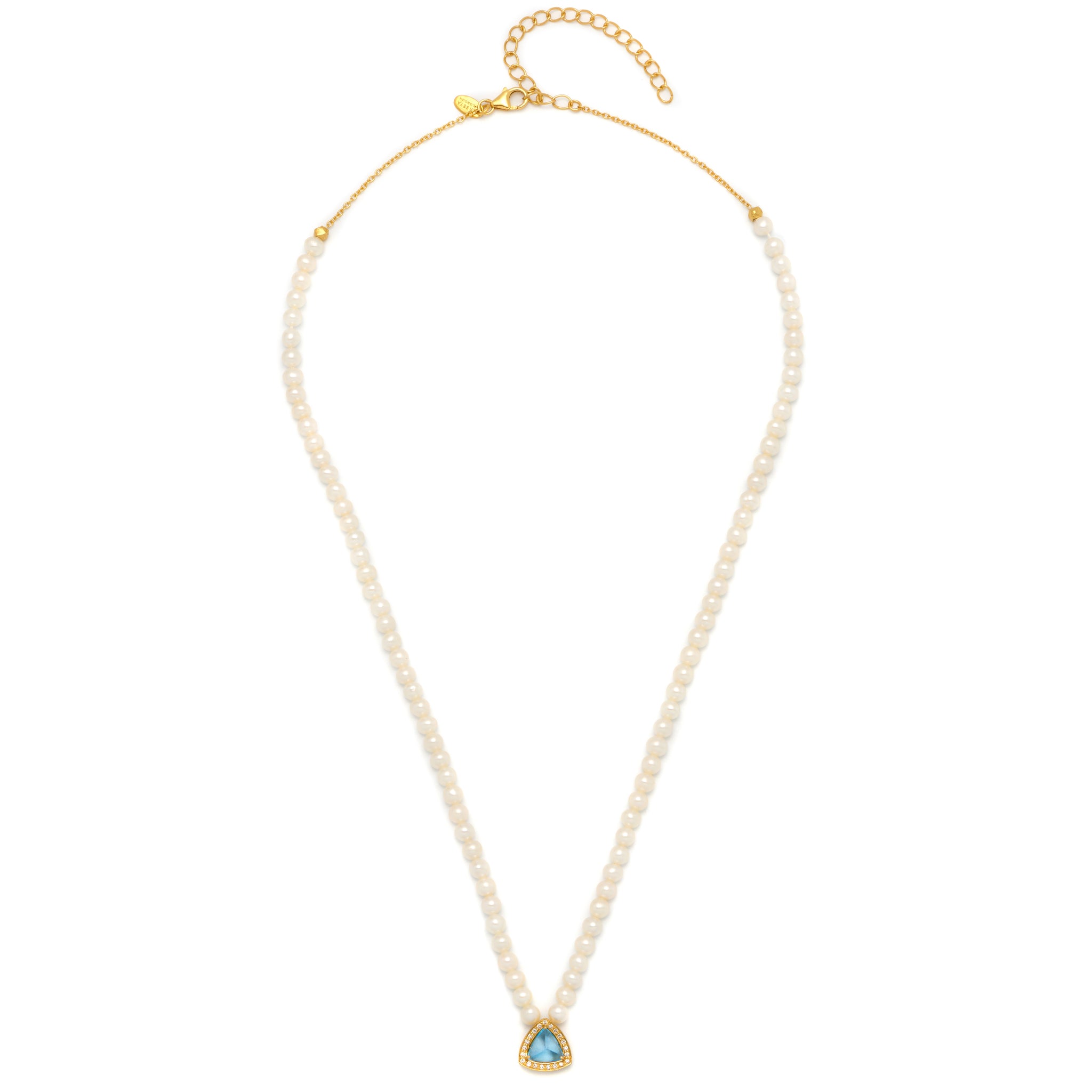 A 18ct gold plated vermeil necklace with a blue topaz and white diamond pave on a chain with a gold and pearl design.