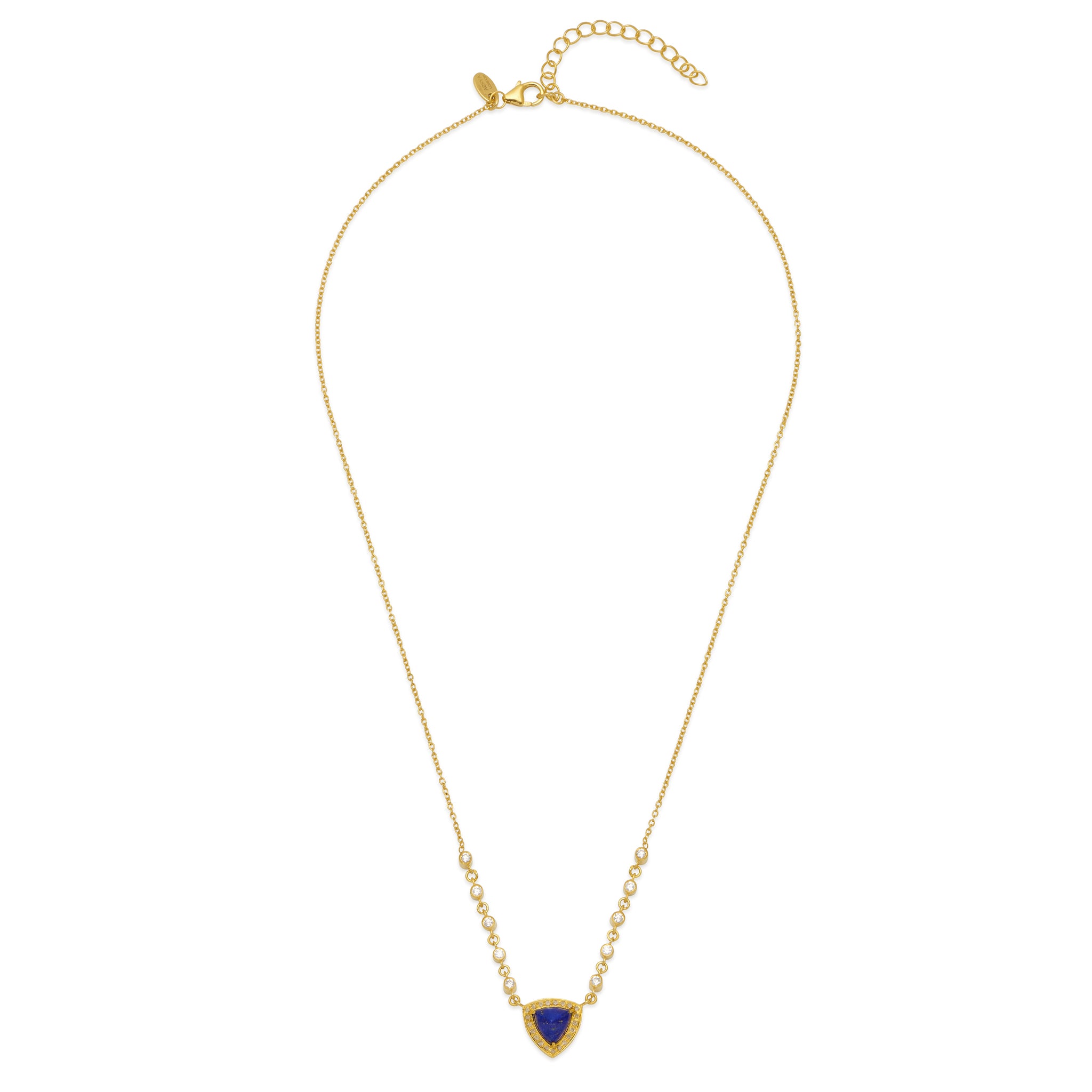 A 18ct gold plated vermeil necklace with a blue lapis lazuli, white zircon, and grey diamond pave charm, featuring an adjustable chain.
