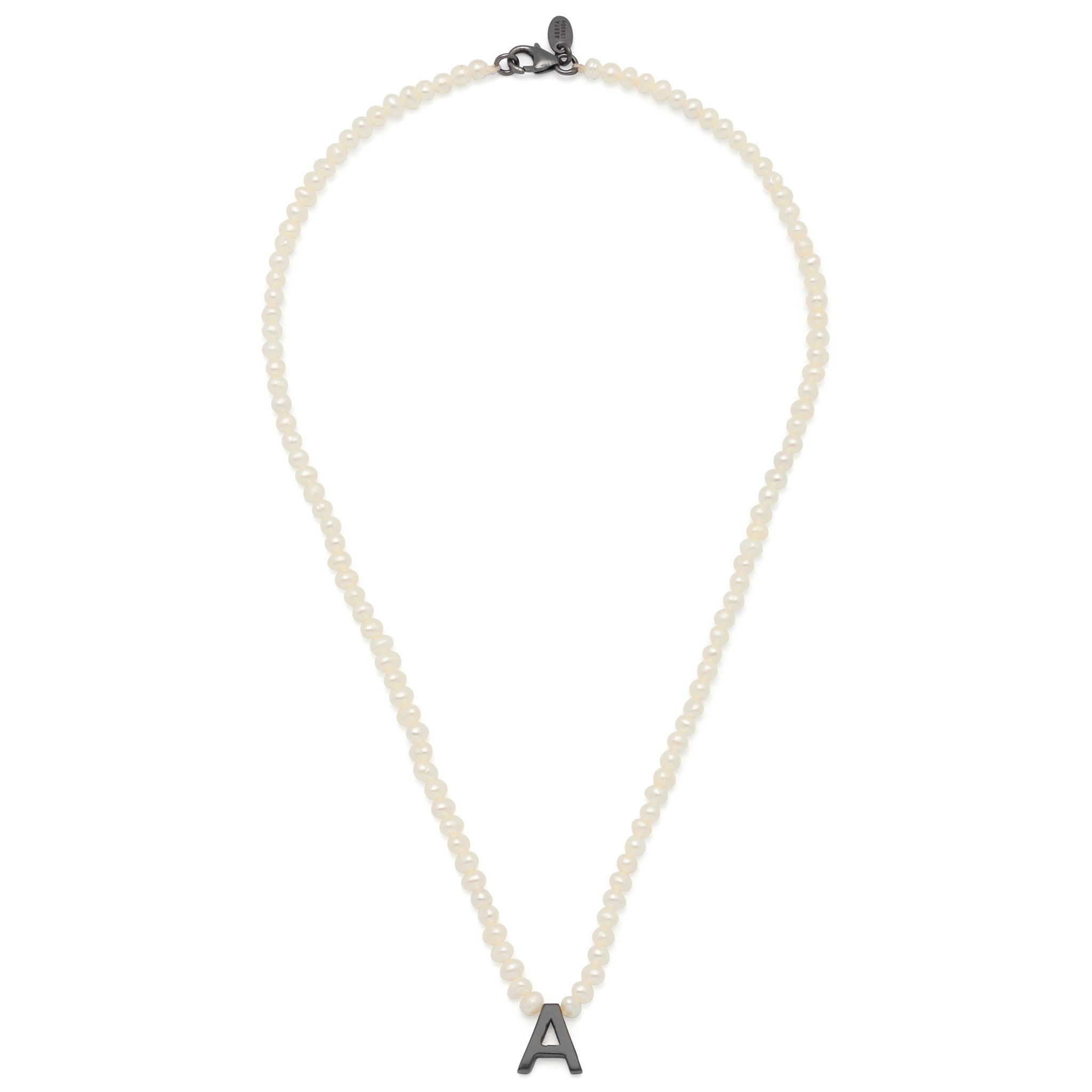 black rhodium plated sterling silver necklace with pearls and letter pendant.